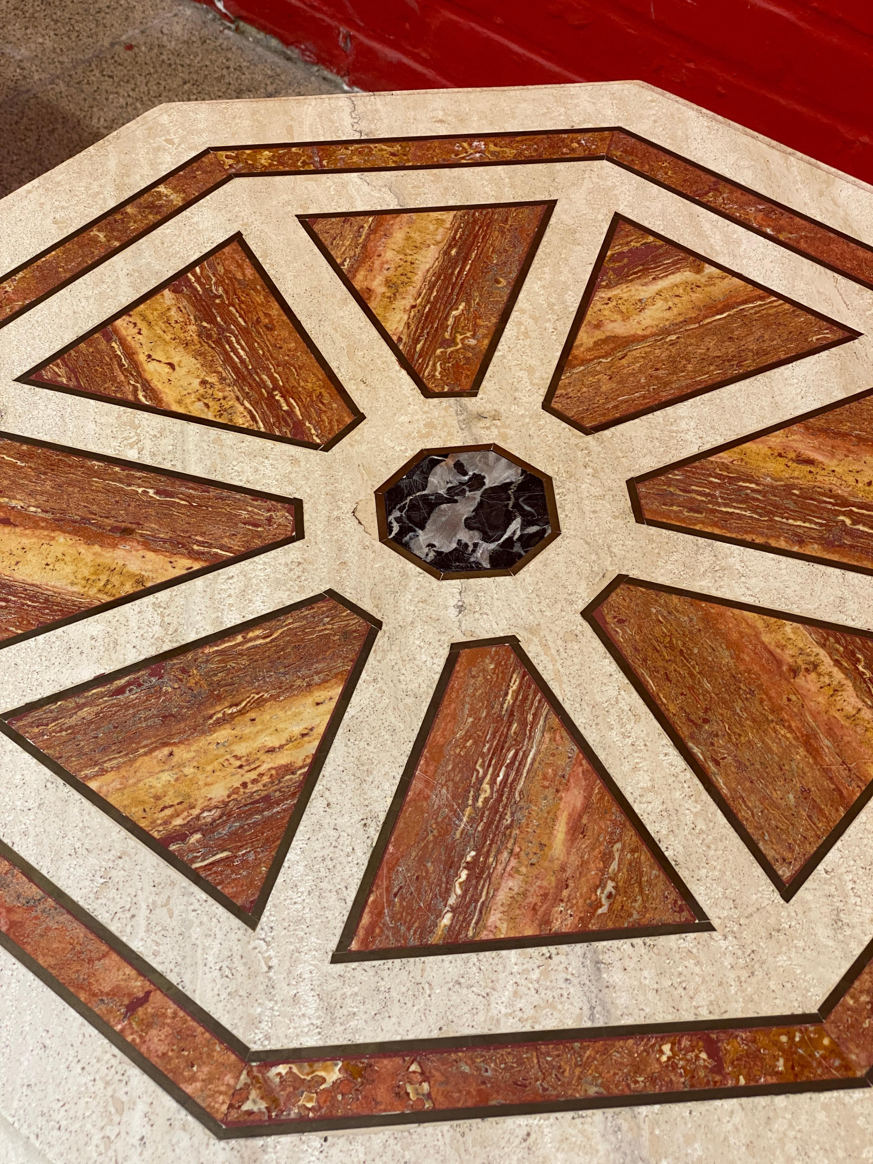 2 Travertine Side Tables, with Brass and Marble Inlay, circa 1970 For Sale 10