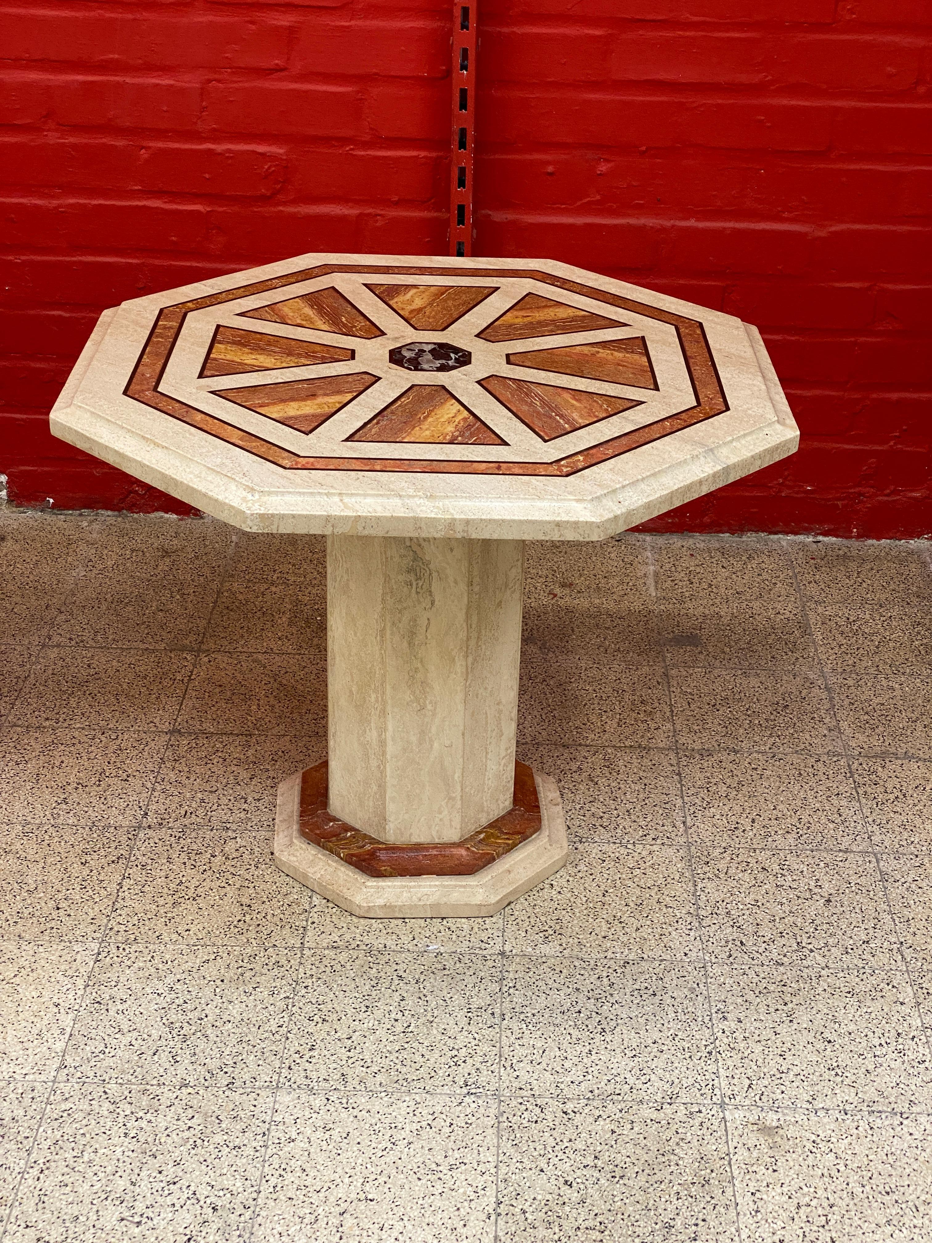 2 travertine side tables, with brass and marble inlay, circa 1970.