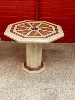 2 Travertine Side Tables, with Brass and Marble Inlay, circa 1970