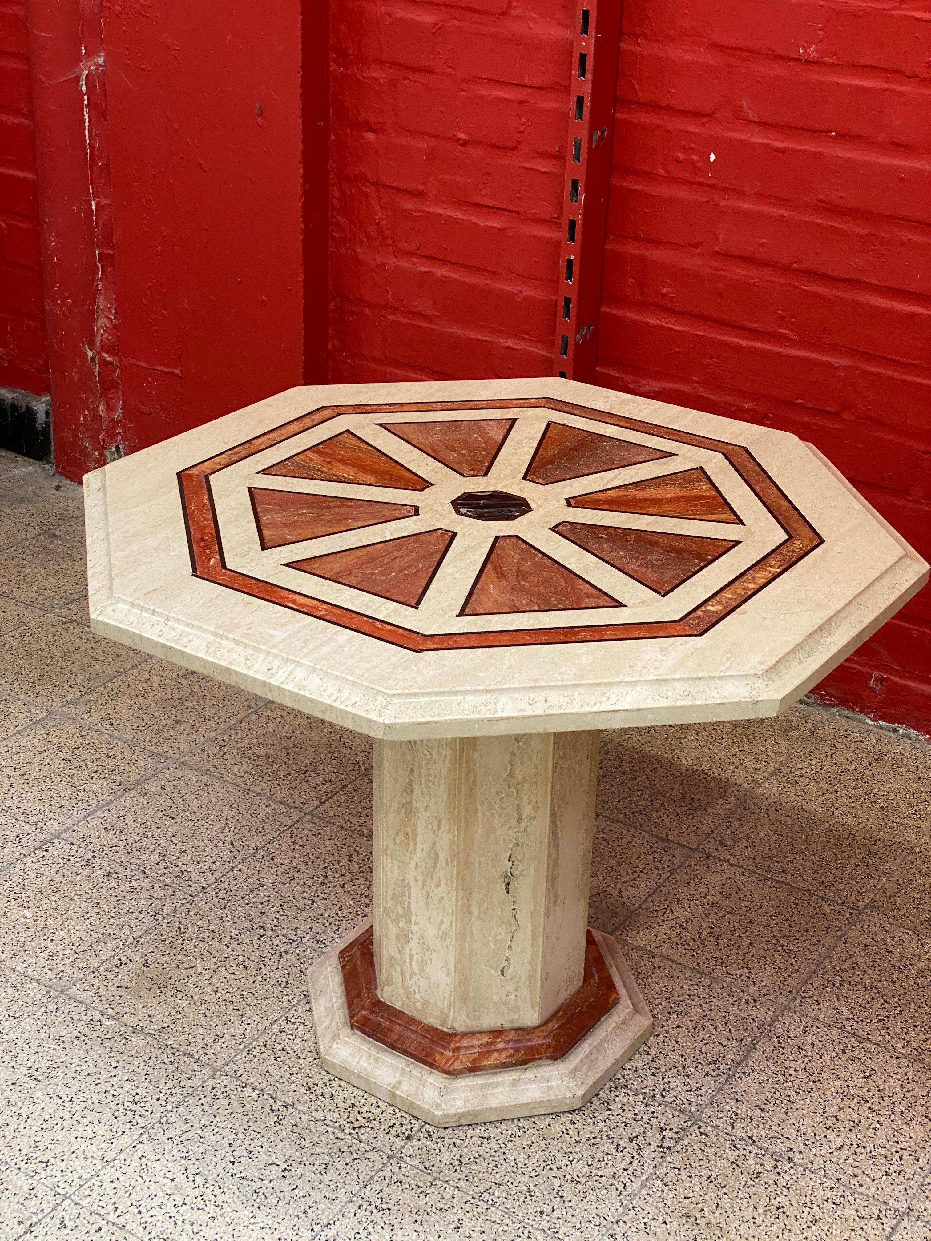 European 2 Travertine Side Tables, with Brass and Marble Inlay, circa 1970 For Sale