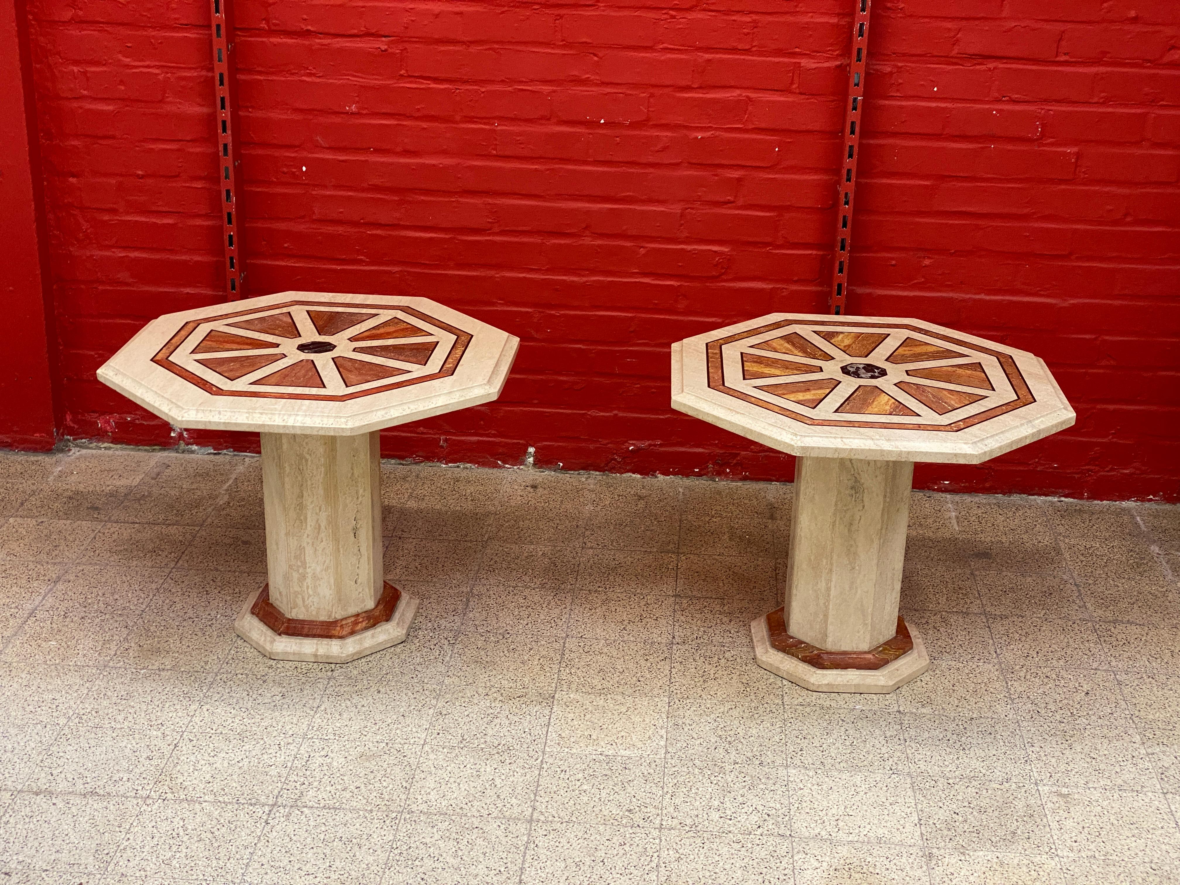 Late 20th Century 2 Travertine Side Tables, with Brass and Marble Inlay, circa 1970 For Sale
