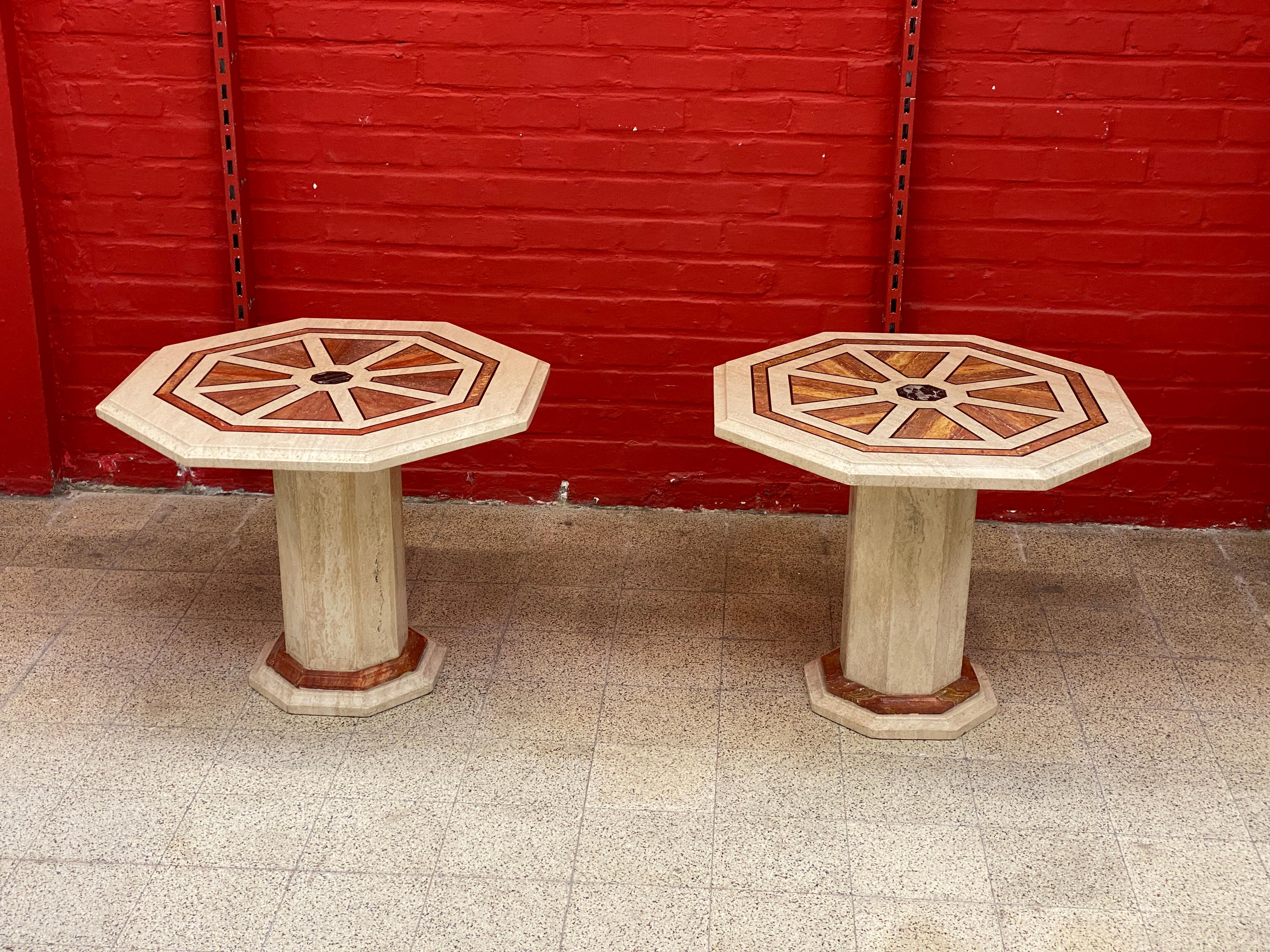 2 Travertine Side Tables, with Brass and Marble Inlay, circa 1970 For Sale 2