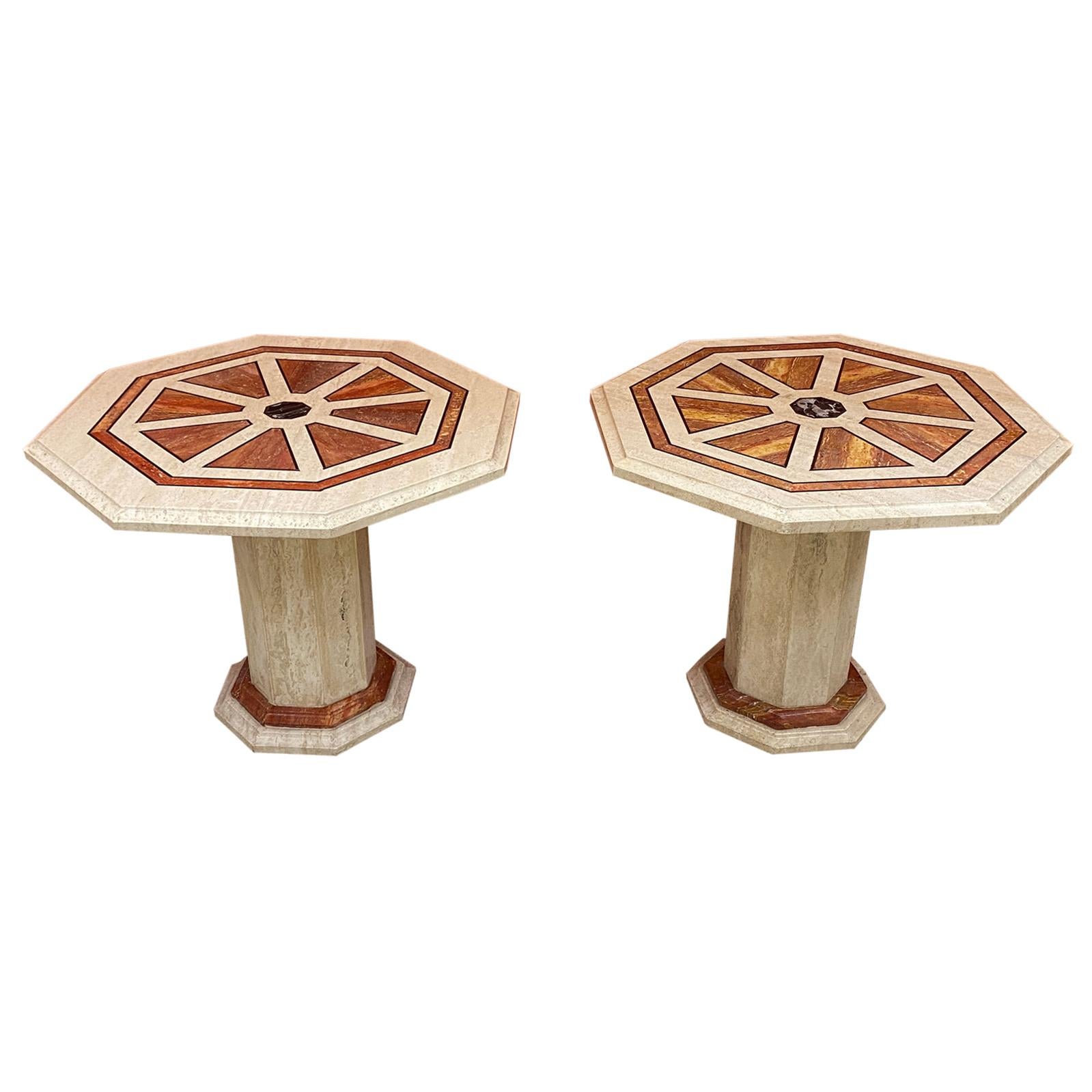 2 Travertine Side Tables, with Brass and Marble Inlay, circa 1970 For Sale