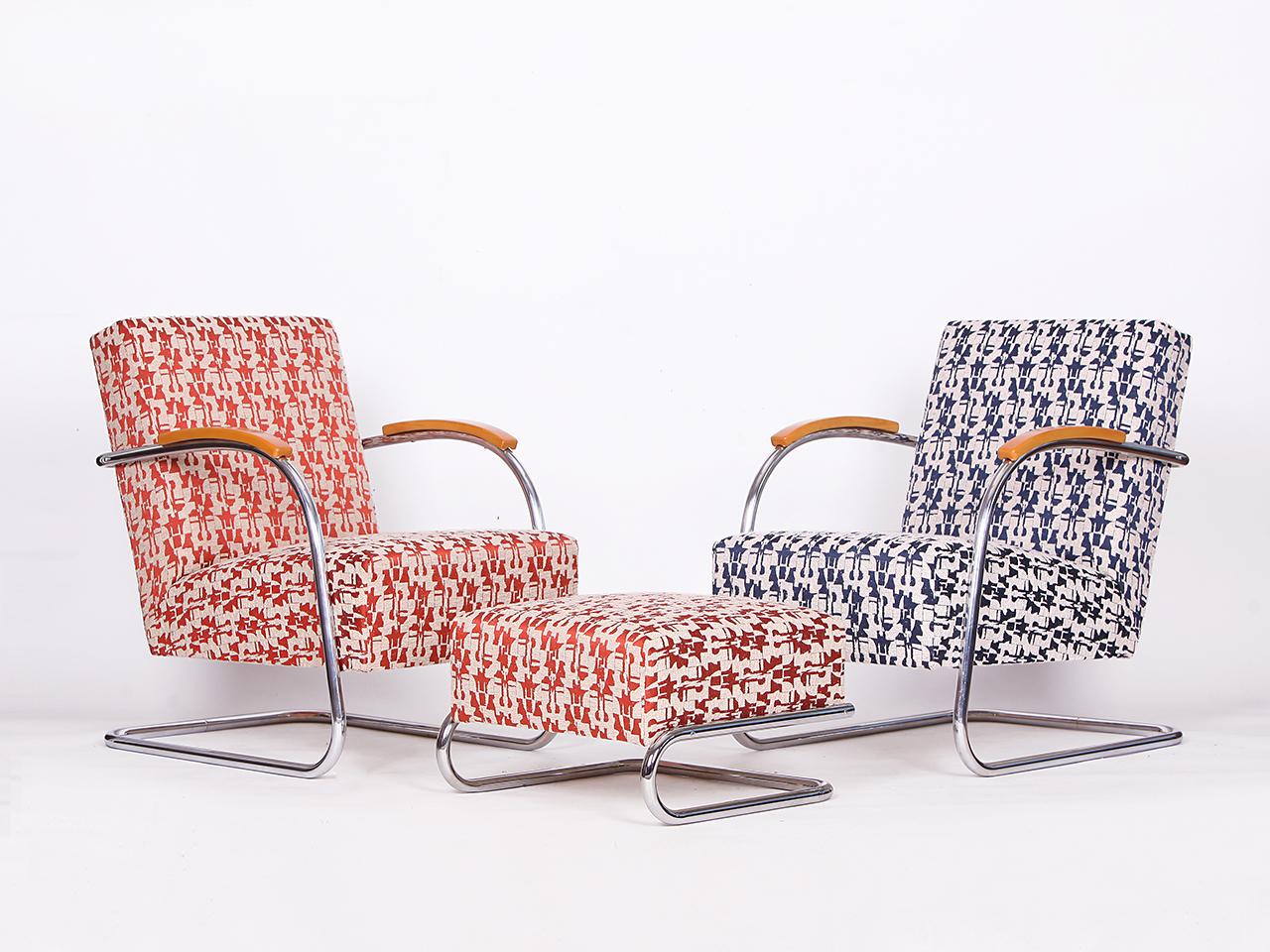 2 Tubular Steel Lounge Chairs with Foot Stool by Mücke-Melder 1930s