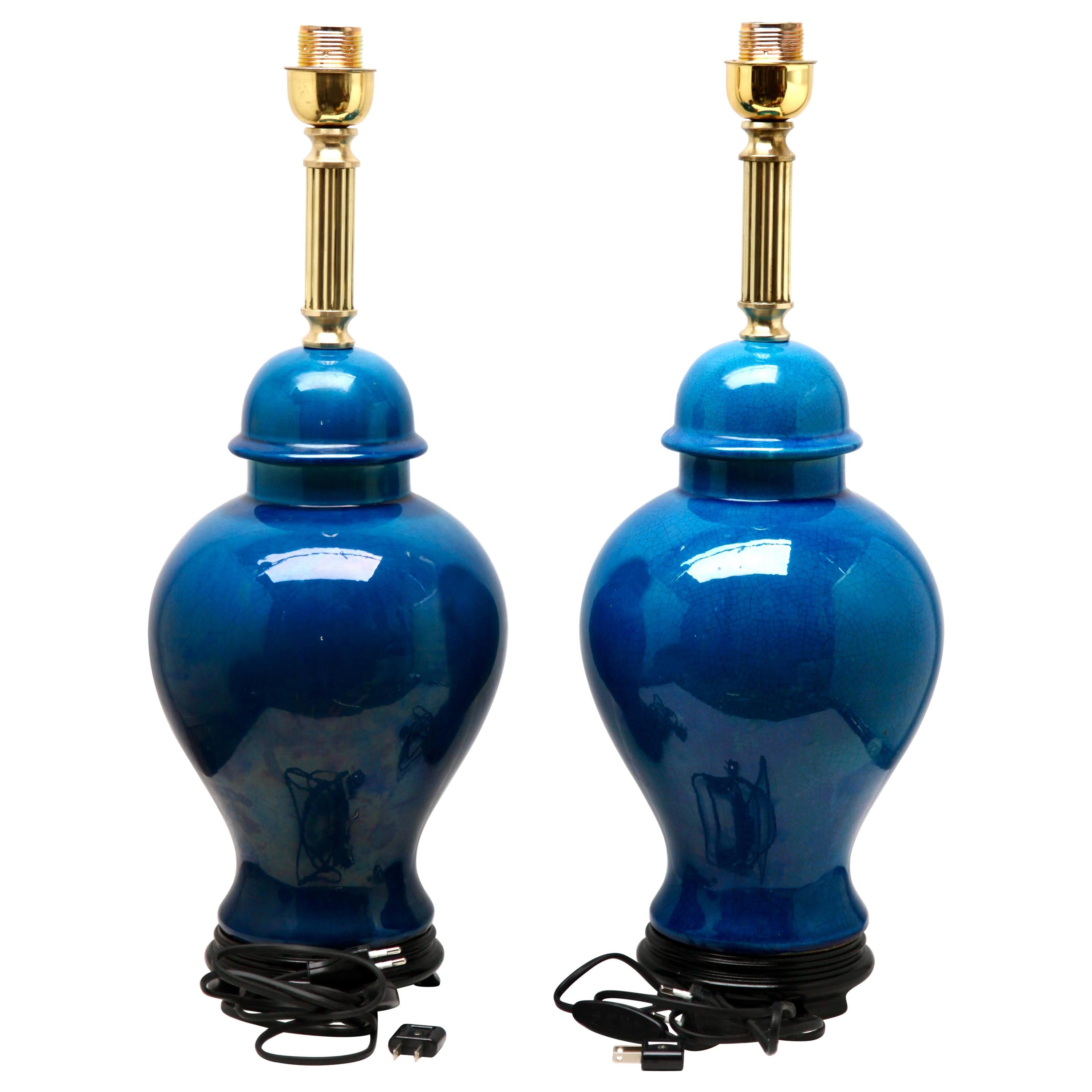 2 Turquoise Glazed Large Chinese Ceramic Table Lamp with Crackle Glaze