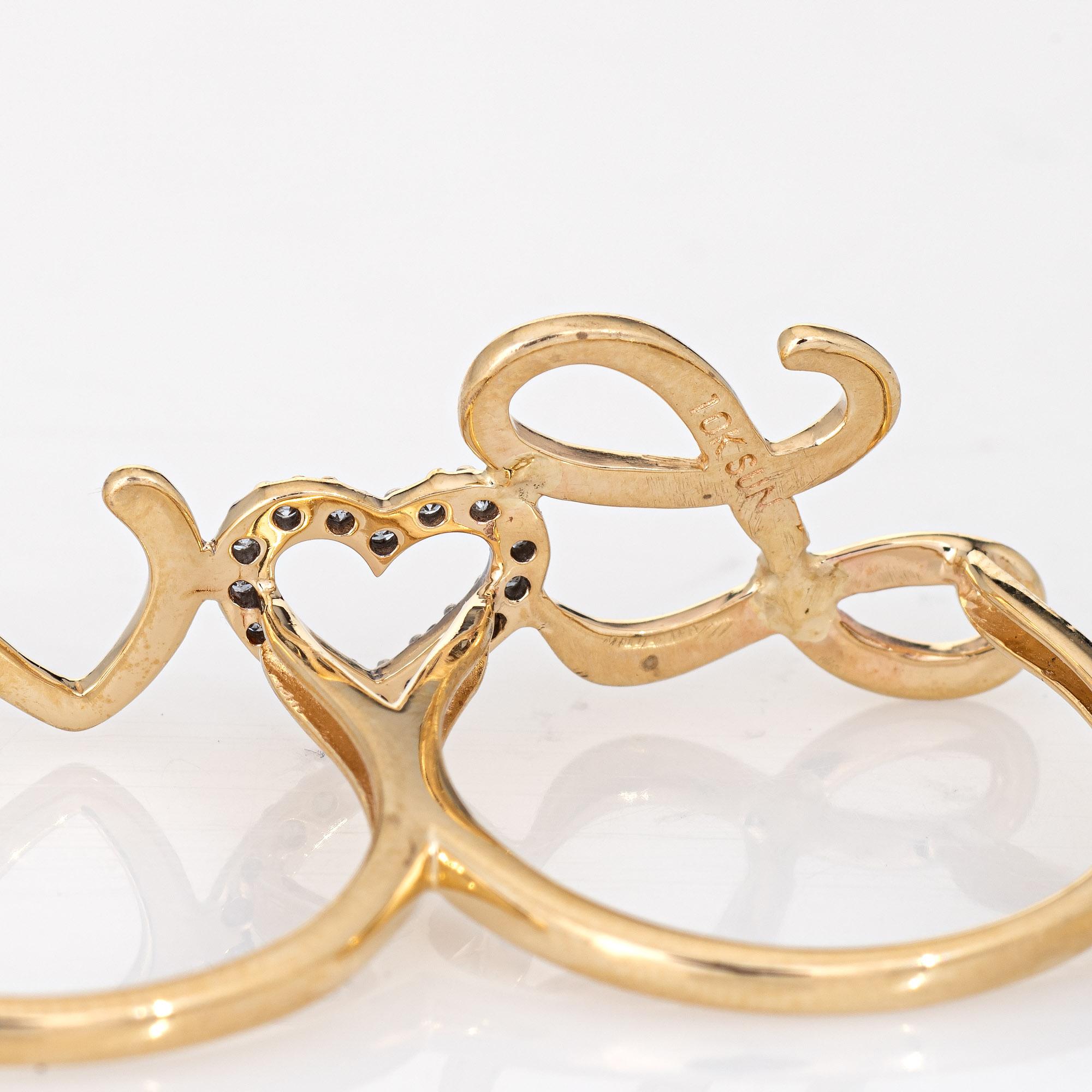 Round Cut 2 Two Finger Diamond Love Ring Script Estate 10k Yellow Gold Fine Jewelry