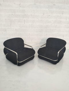 2 fauteuils en velours et acier chromé de Mario Sabot, Italie, années 70