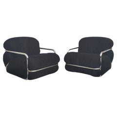 2 velvet and steel chromed armchairs by Mario Sabot, Italy 70s