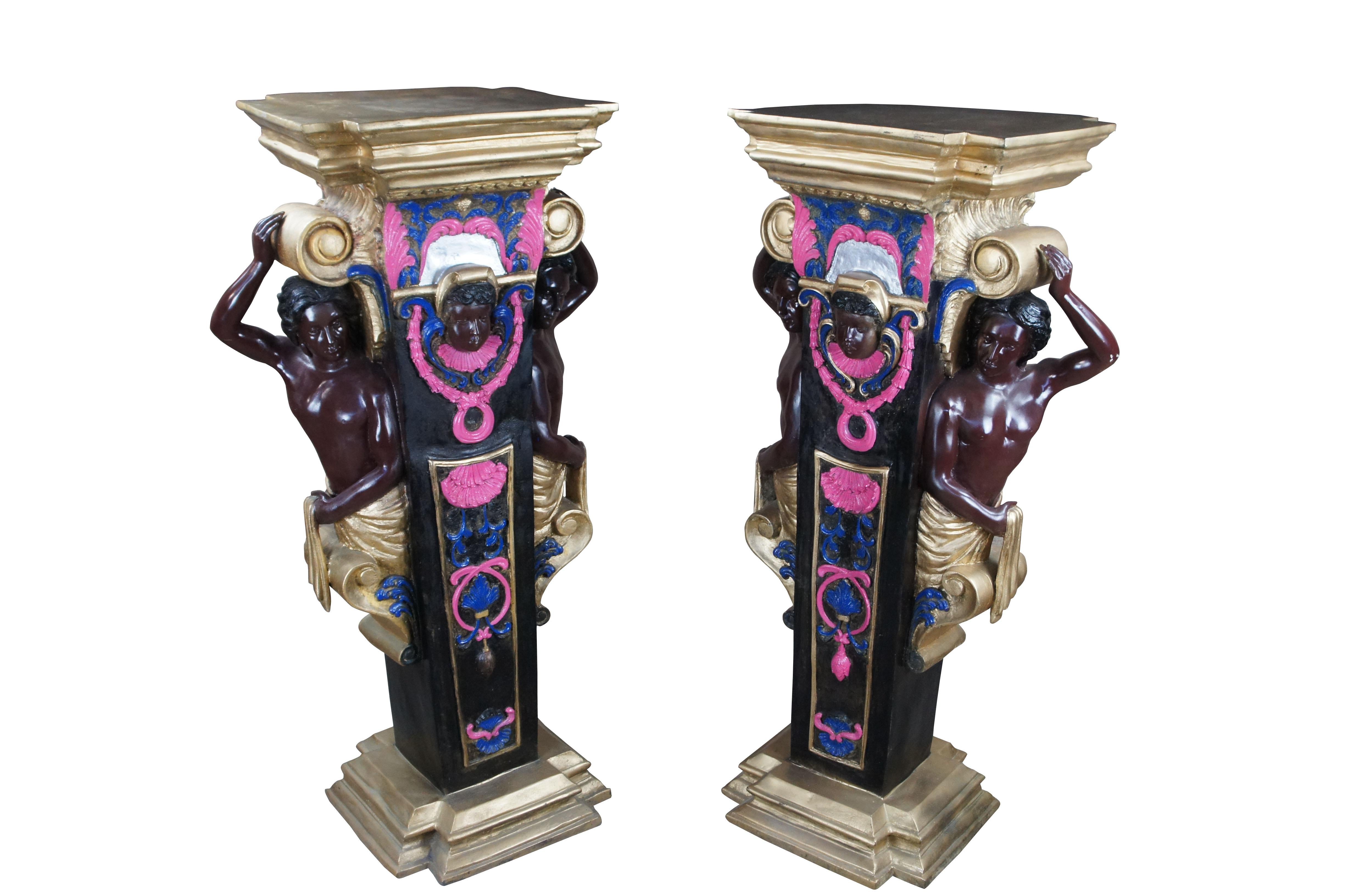 A lavish pair of massive Venetian / Neo Grec style sculpture pedestals. Made from bronze with a vibrant polychrome finish. Feature a traditional columnar form with large topless figures along each side having an out stretched arm reaching upward