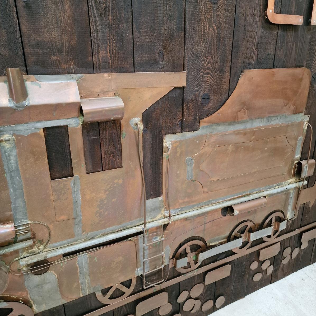 2 Very Large Wooden Wall Panels with Tin-Soldered Copper Train For Sale 3