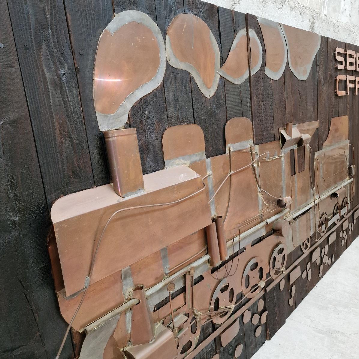 Industrial 2 Very Large Wooden Wall Panels with Tin-Soldered Copper Train For Sale