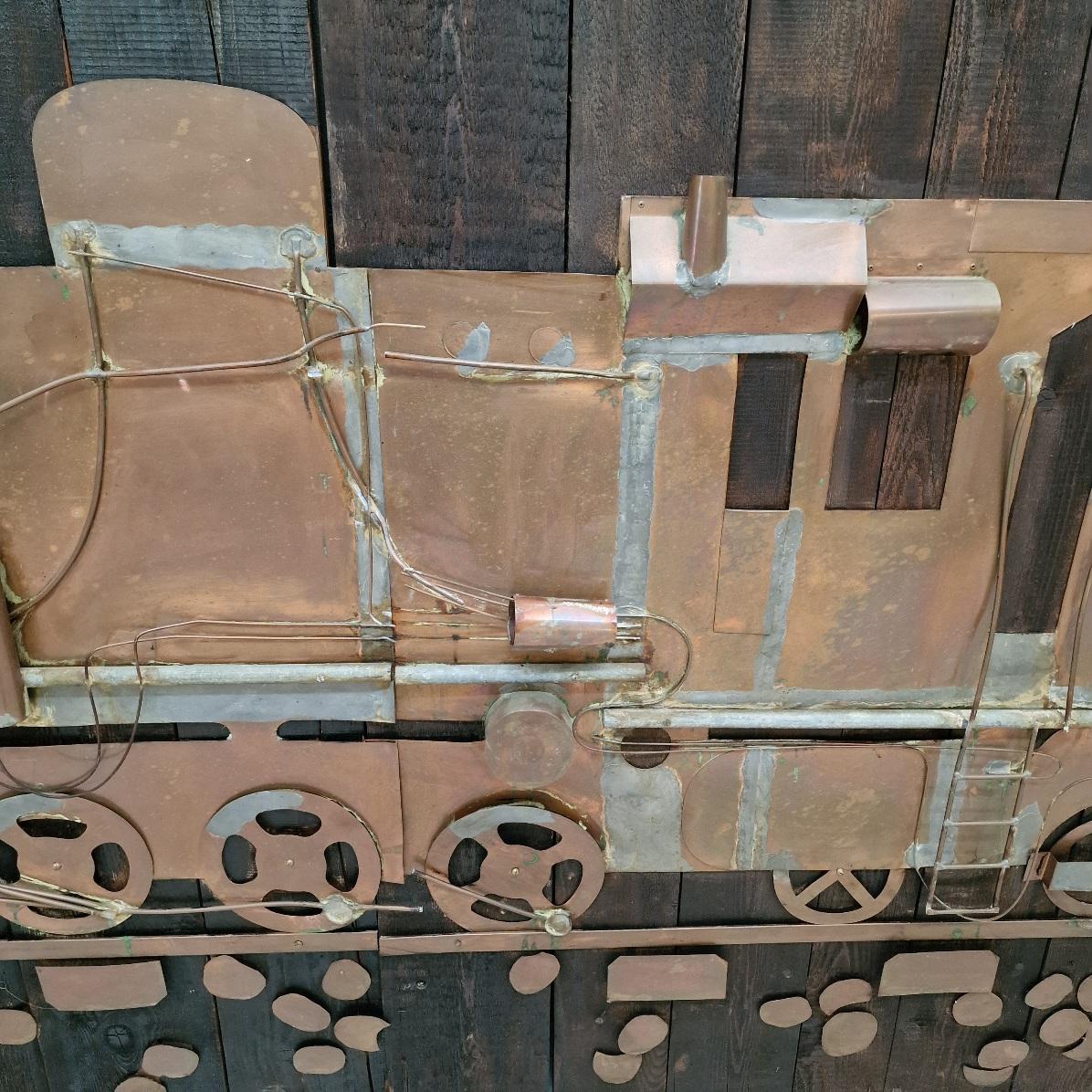2 Very Large Wooden Wall Panels with Tin-Soldered Copper Train For Sale 2