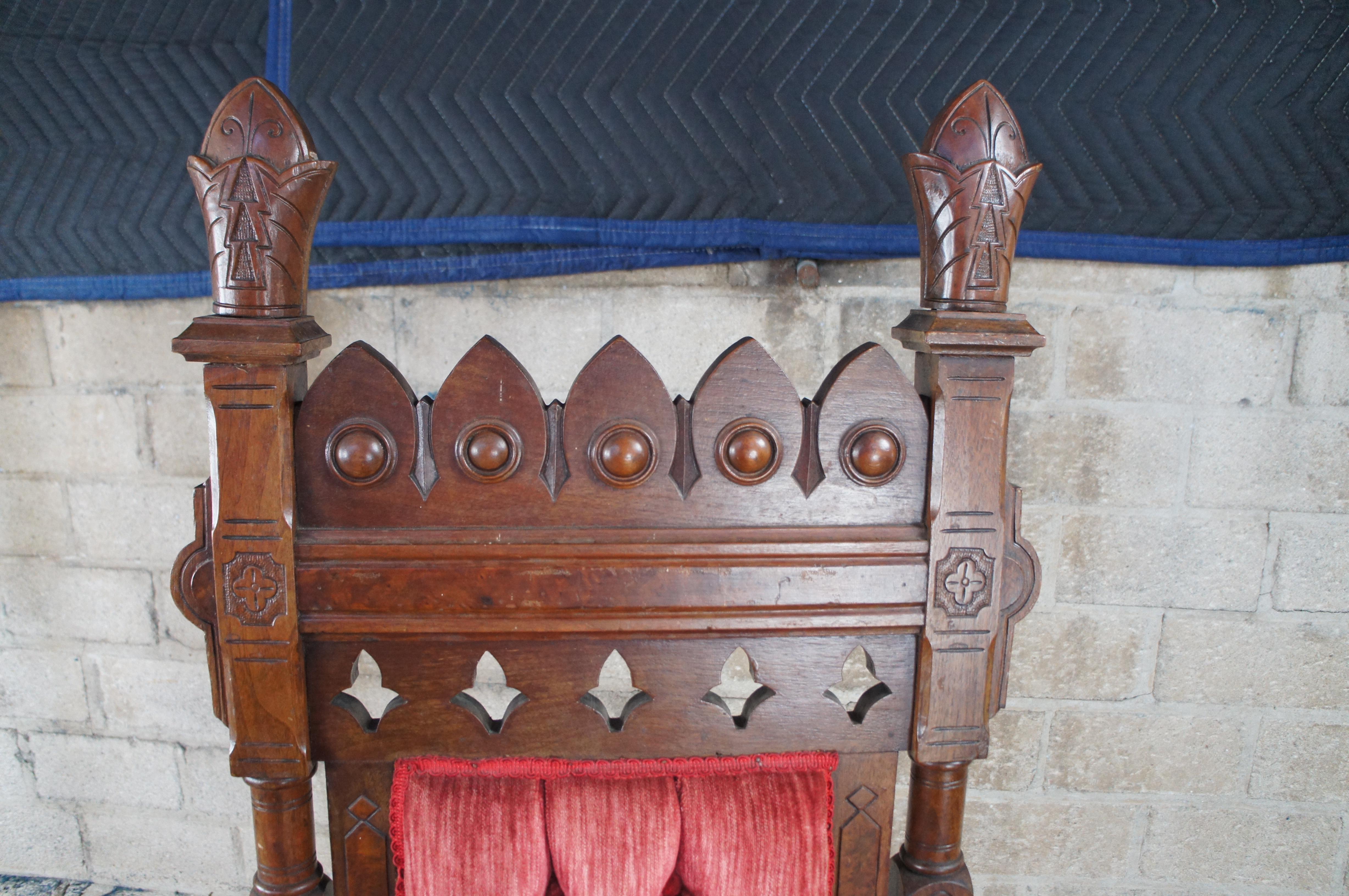 2 Victorian Gothic Revival Walnut Carved Throne Chairs Tufted Red Velour Pair For Sale 5