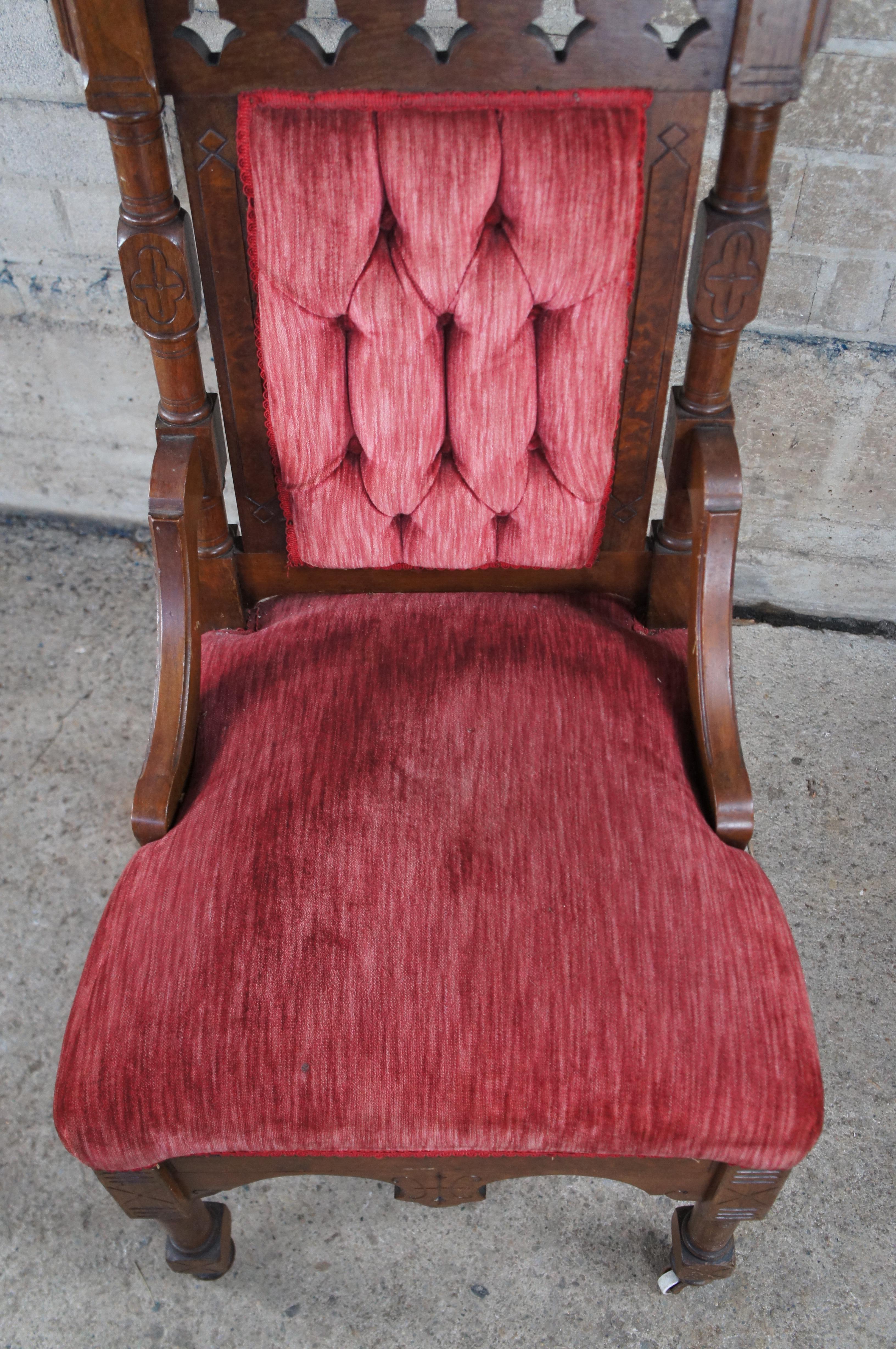 2 Victorian Gothic Revival Walnut Carved Throne Chairs Tufted Red Velour Pair For Sale 6