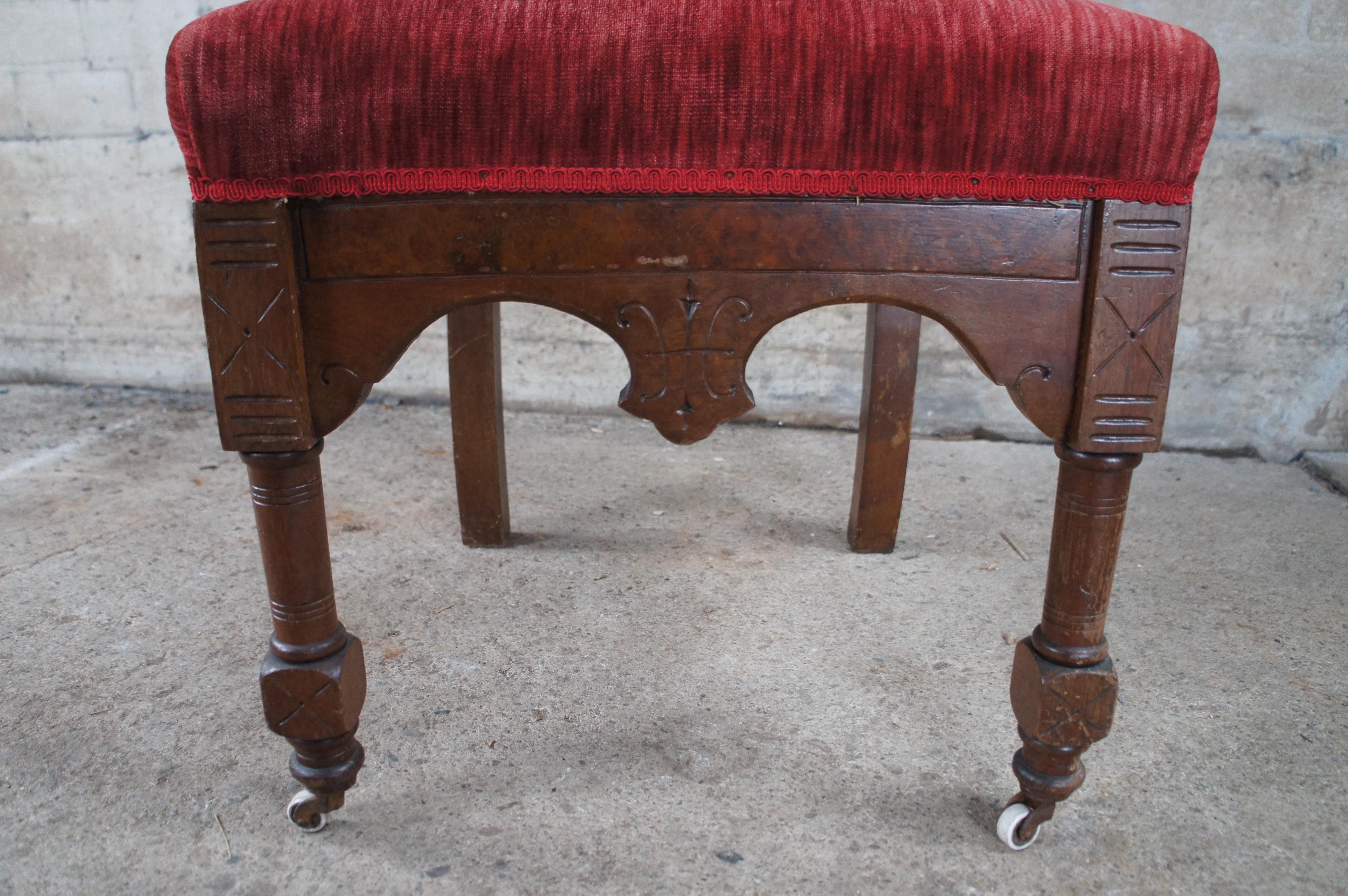 2 Victorian Gothic Revival Walnut Carved Throne Chairs Tufted Red Velour Pair For Sale 7