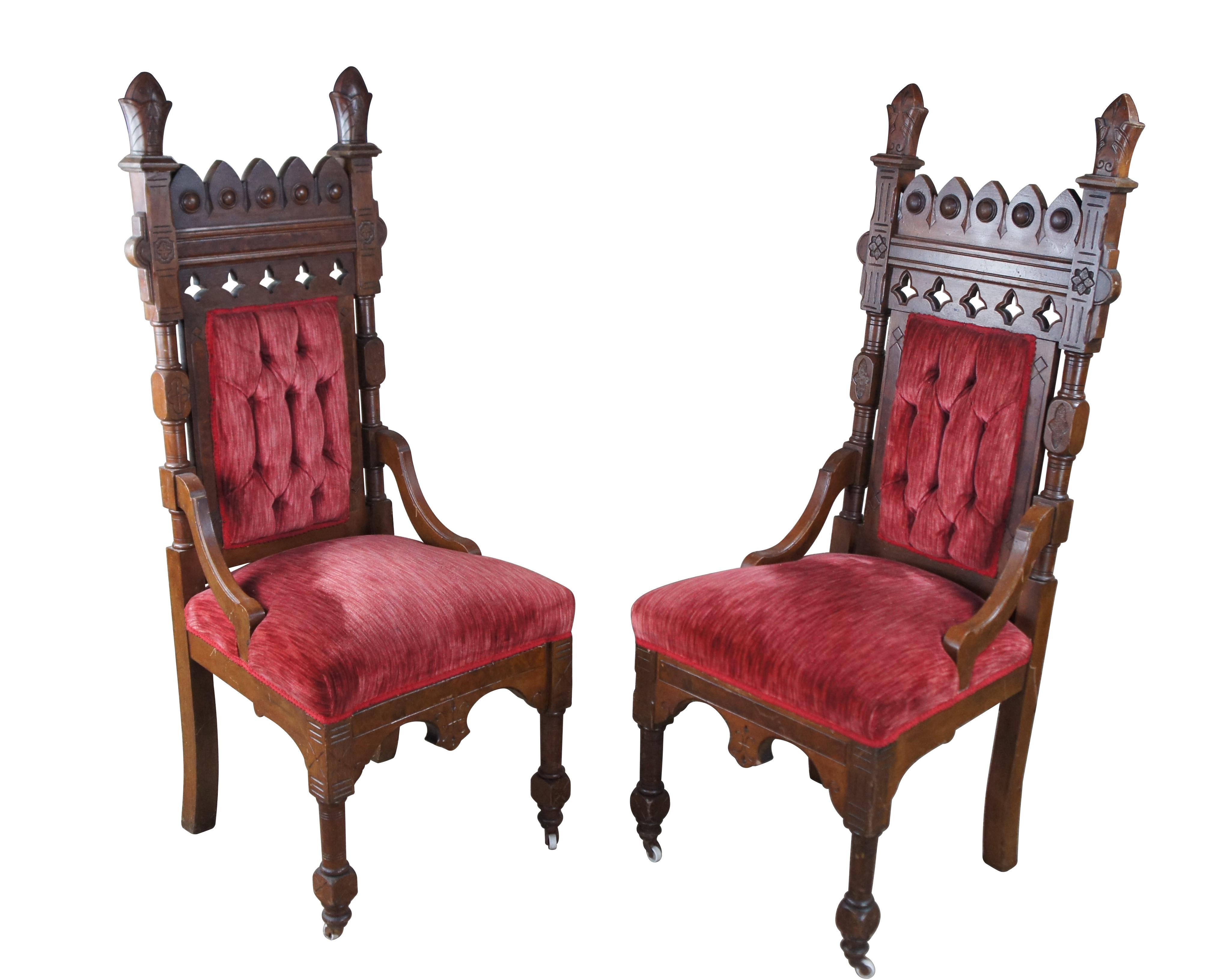 2 Victorian Gothic Revival Walnut Carved Throne Chairs Tufted Red Velour Pair In Good Condition For Sale In Dayton, OH