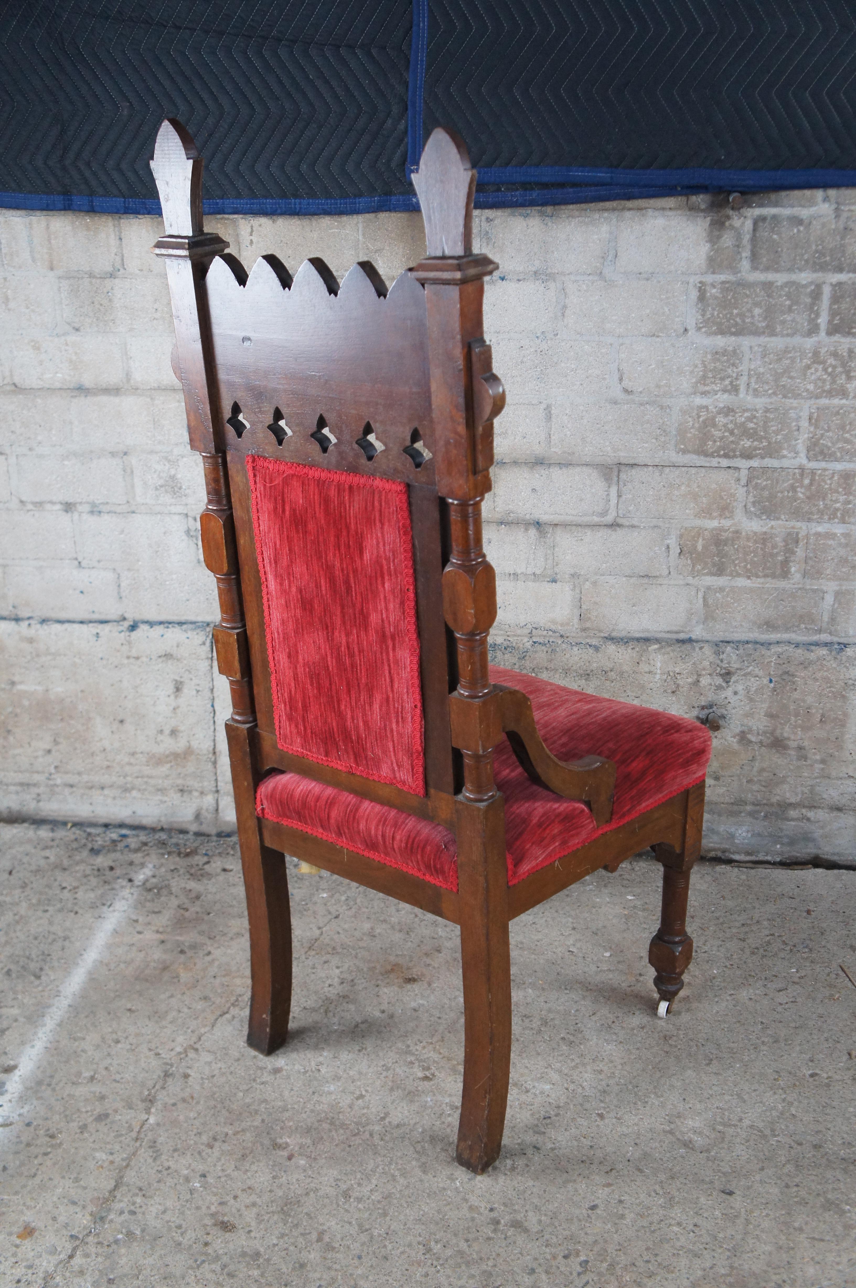 20th Century 2 Victorian Gothic Revival Walnut Carved Throne Chairs Tufted Red Velour Pair For Sale