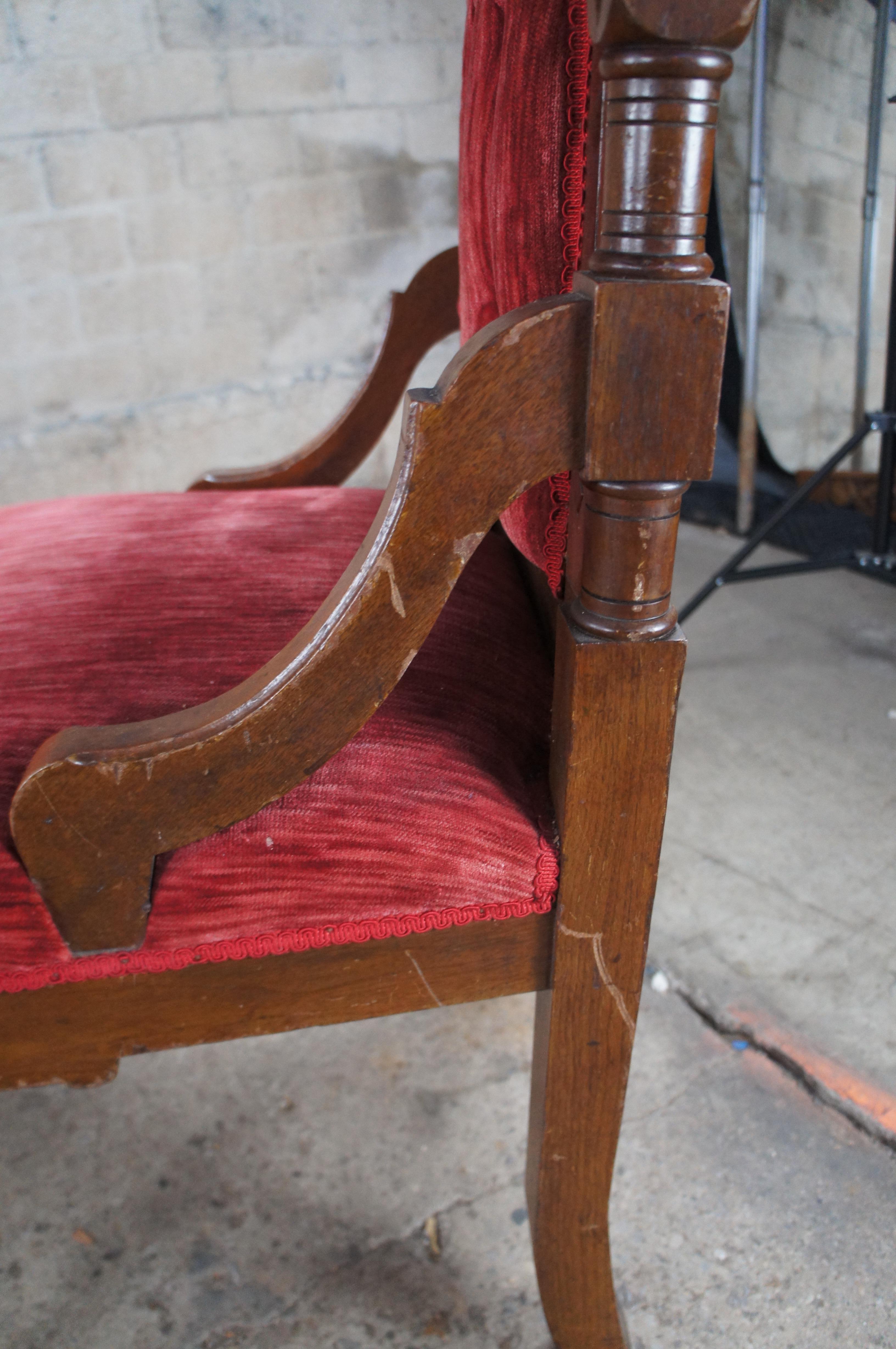 Fabric 2 Victorian Gothic Revival Walnut Carved Throne Chairs Tufted Red Velour Pair For Sale