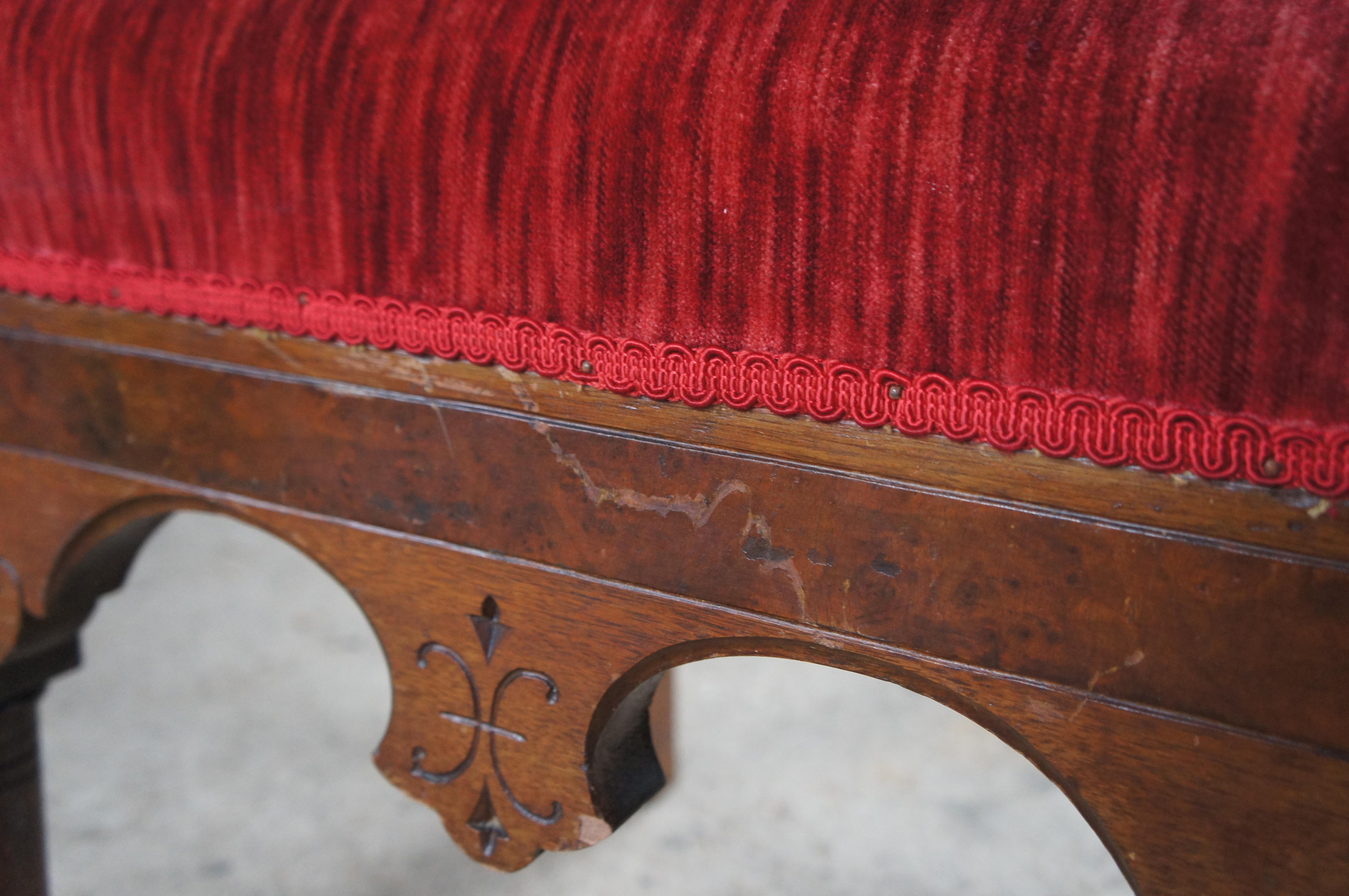 2 Victorian Gothic Revival Walnut Carved Throne Chairs Tufted Red Velour Pair For Sale 1