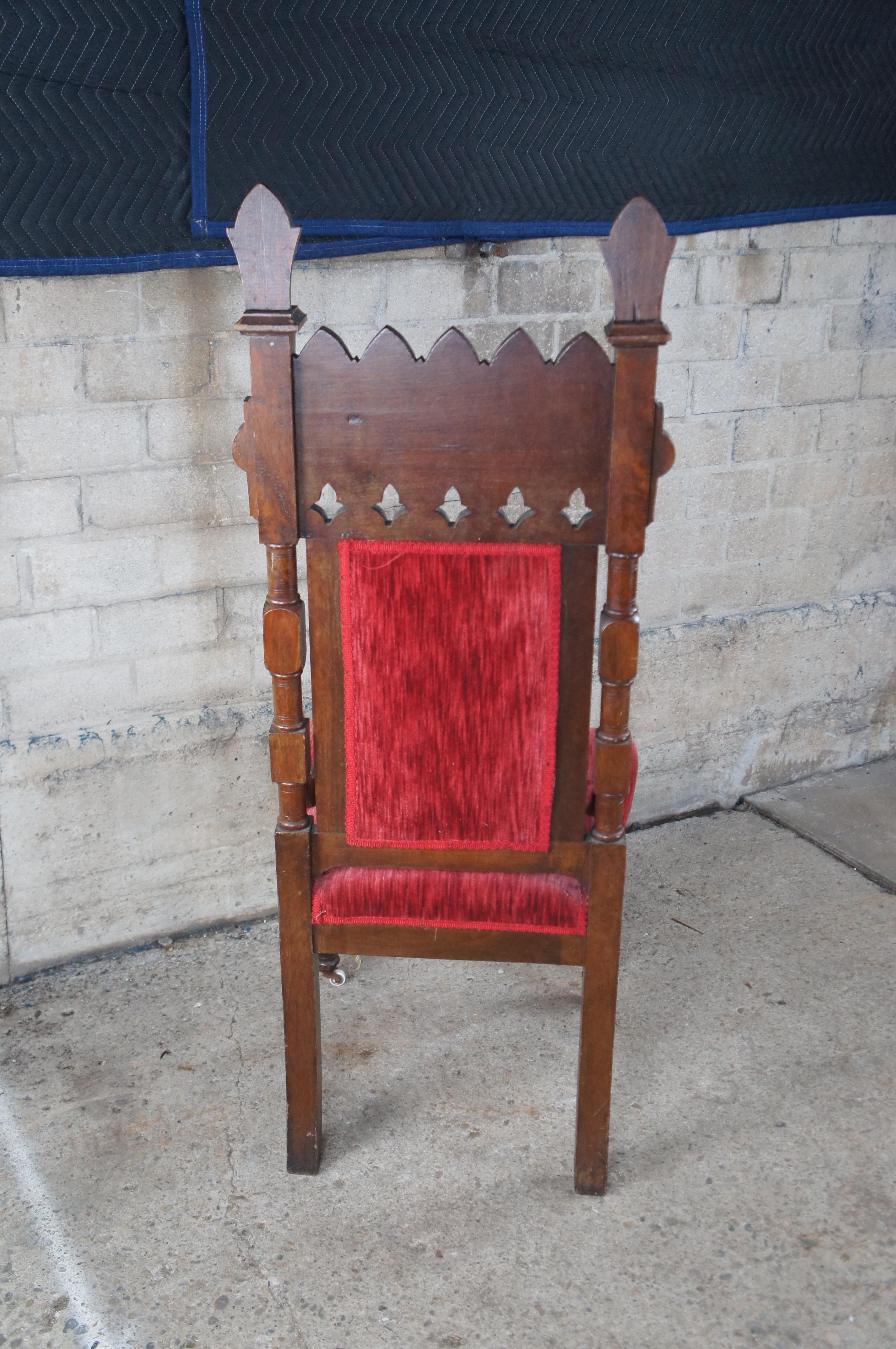 2 Victorian Gothic Revival Walnut Carved Throne Chairs Tufted Red Velour Pair For Sale 2