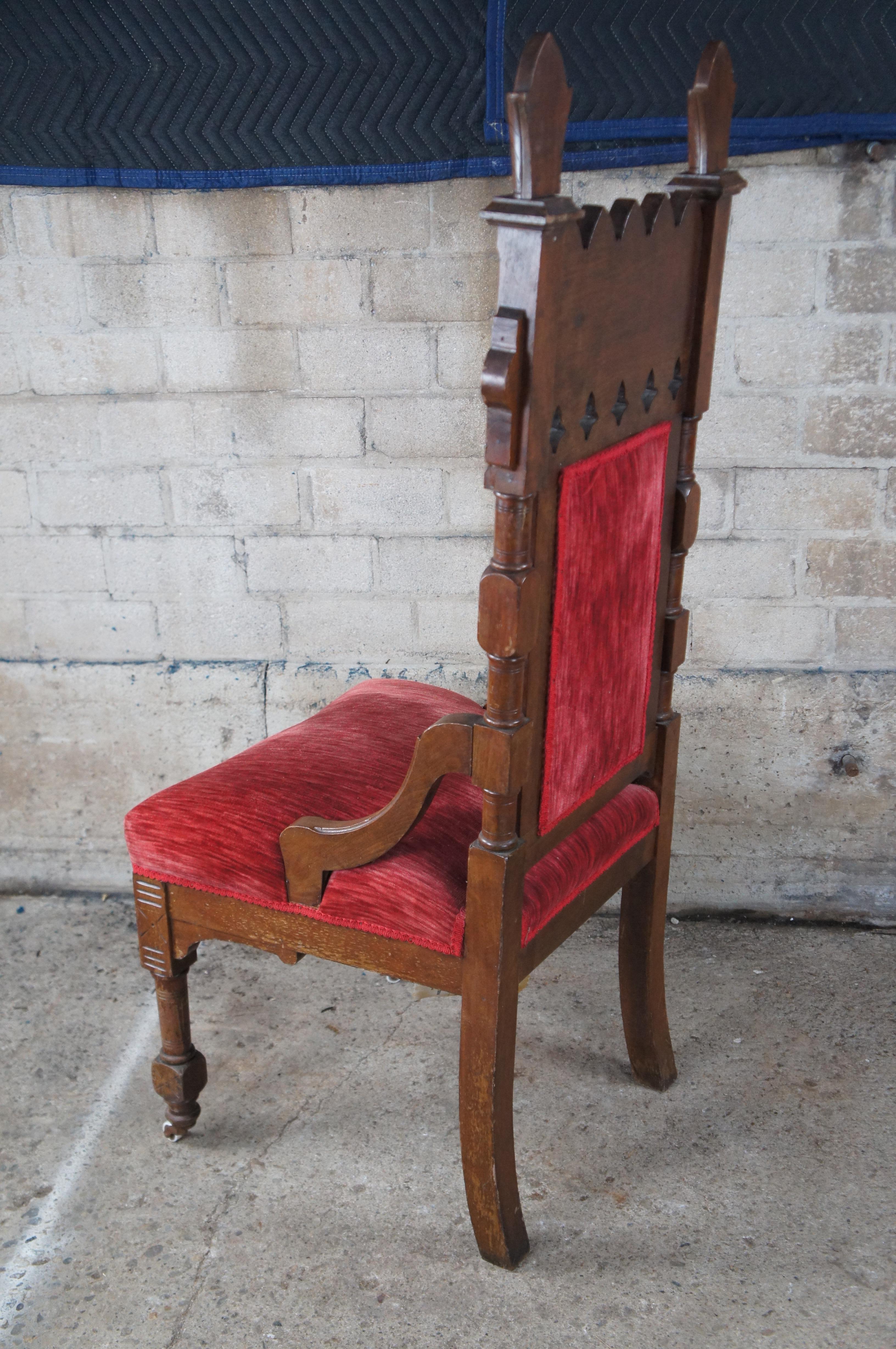 2 Victorian Gothic Revival Walnut Carved Throne Chairs Tufted Red Velour Pair For Sale 3