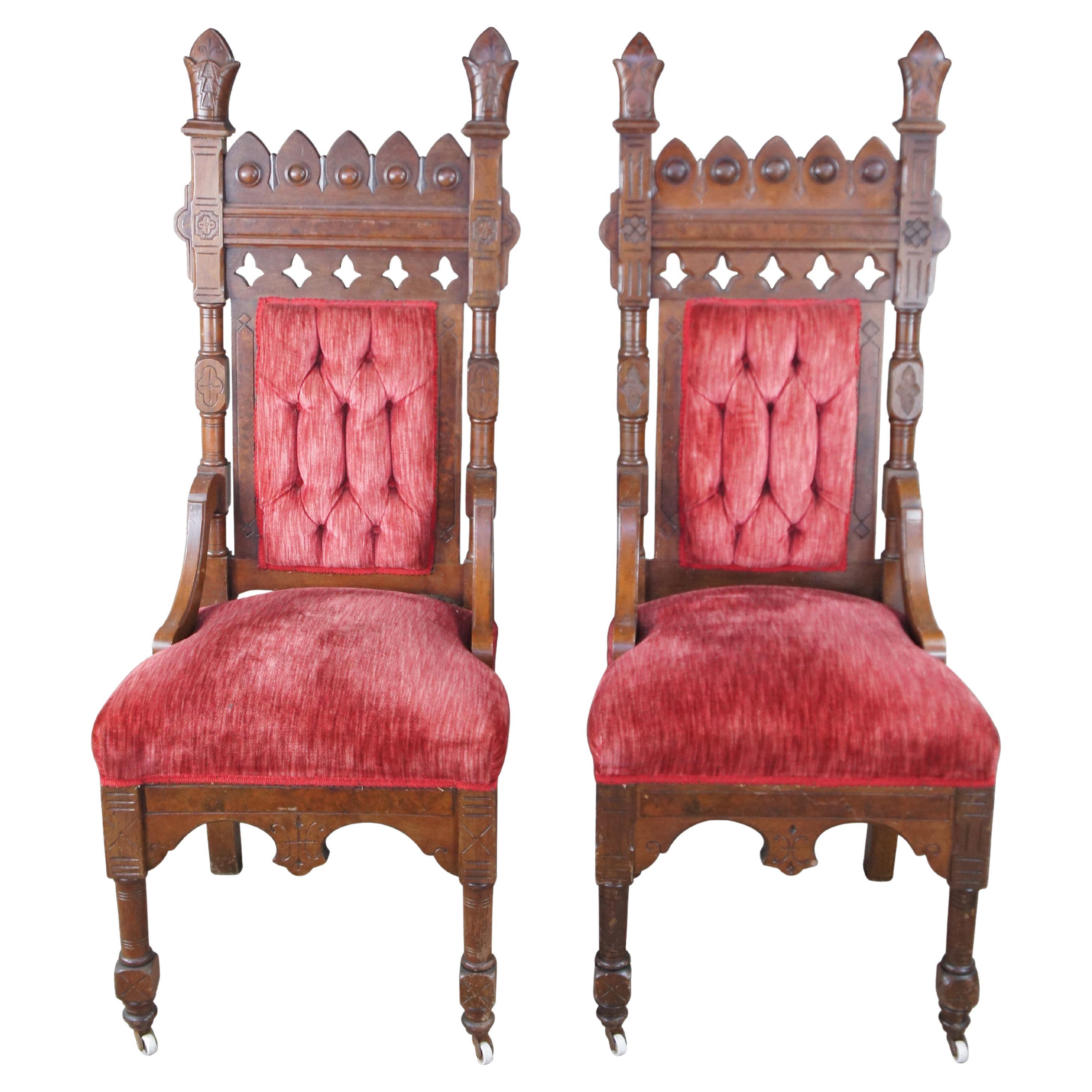2 Victorian Gothic Revival Walnut Carved Throne Chairs Tufted Red Velour Pair
