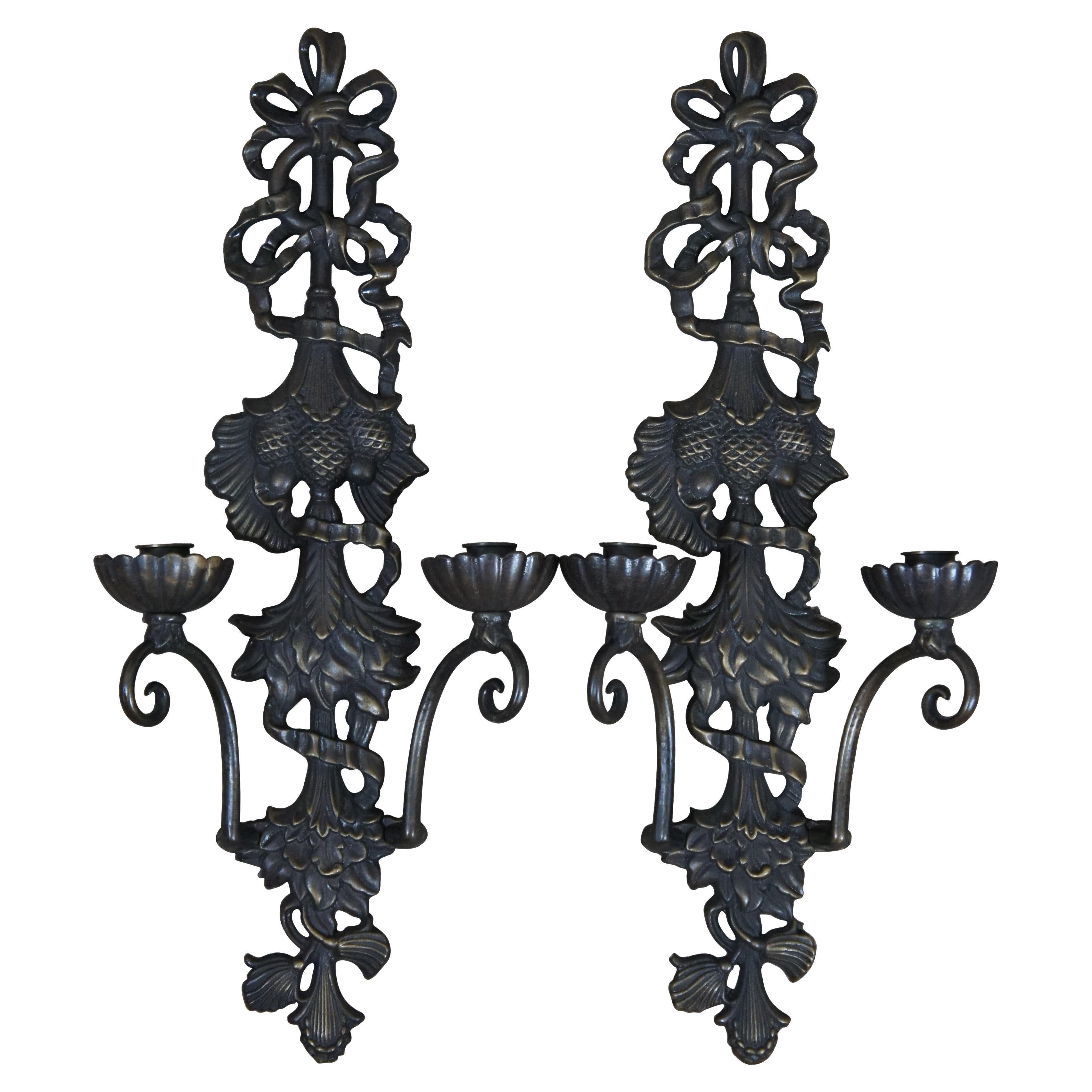 2 Victorian Revival Bronze Candle Sconces Pine Cones Neoclassical Candelabra For Sale