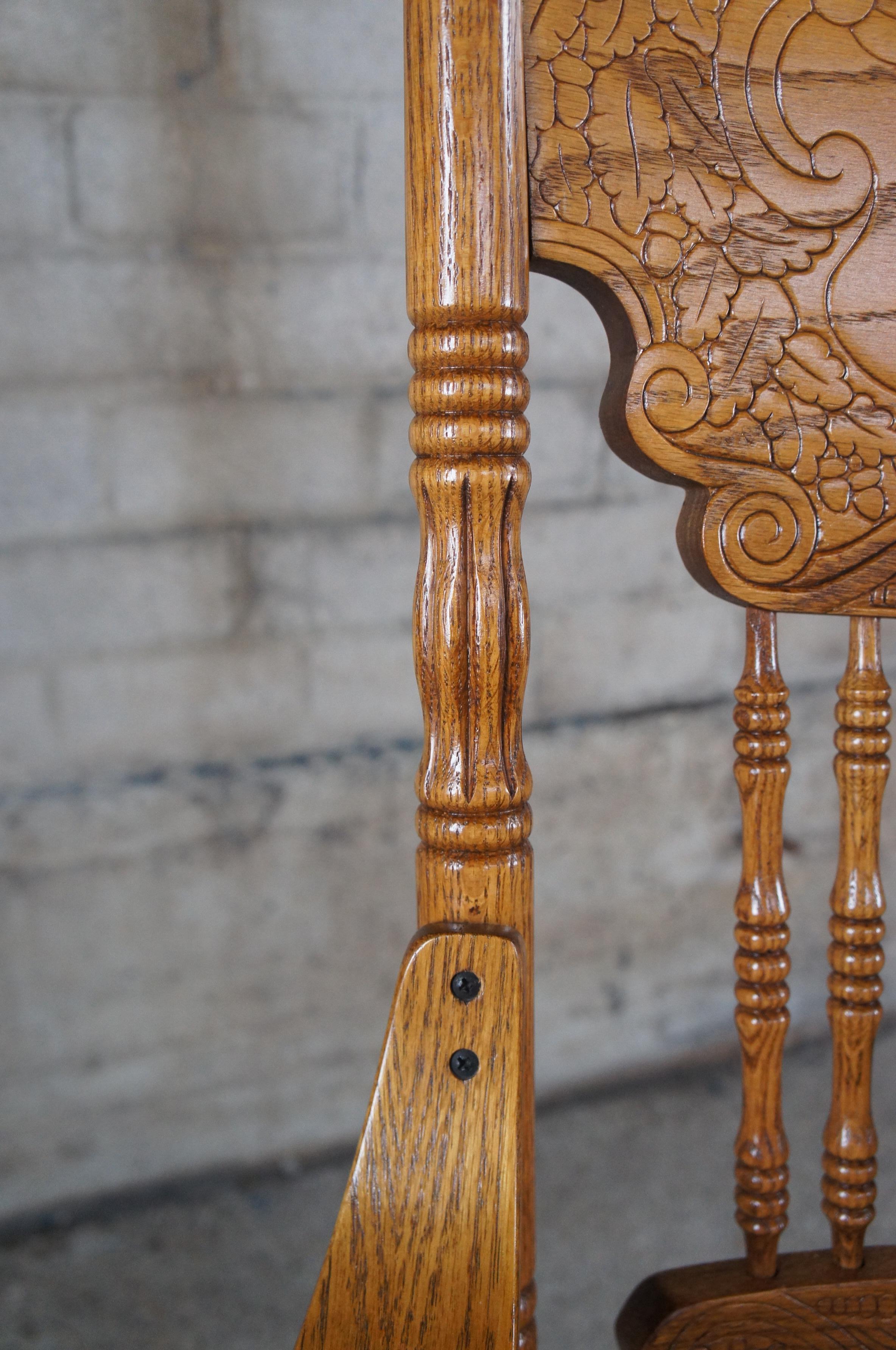 2 Victorian Revival Carved Oak Double Pressback Arm Chairs Removable Red Cushion 3