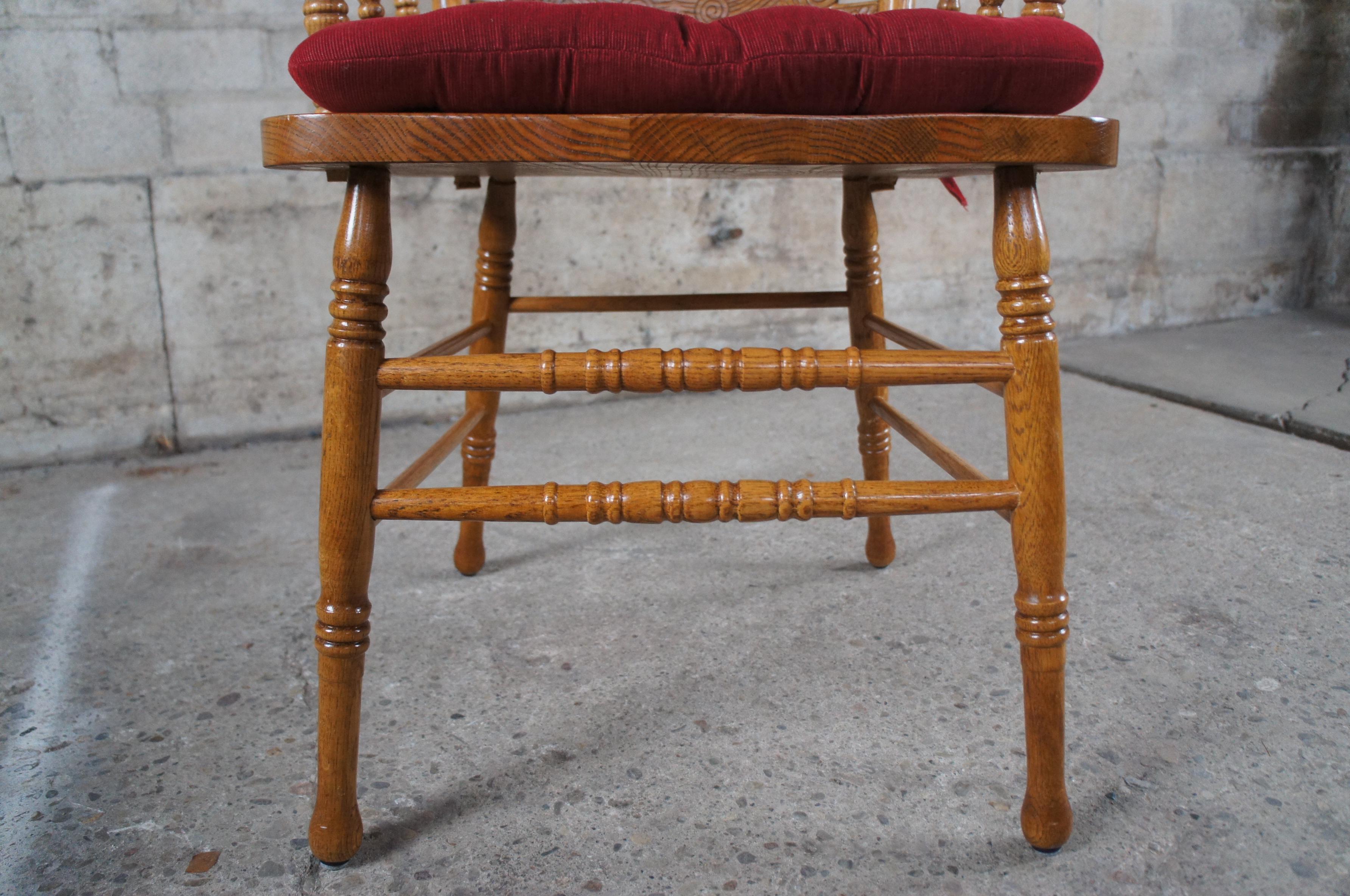 2 Victorian Revival Carved Oak Double Pressback Arm Chairs Removable Red Cushion 4
