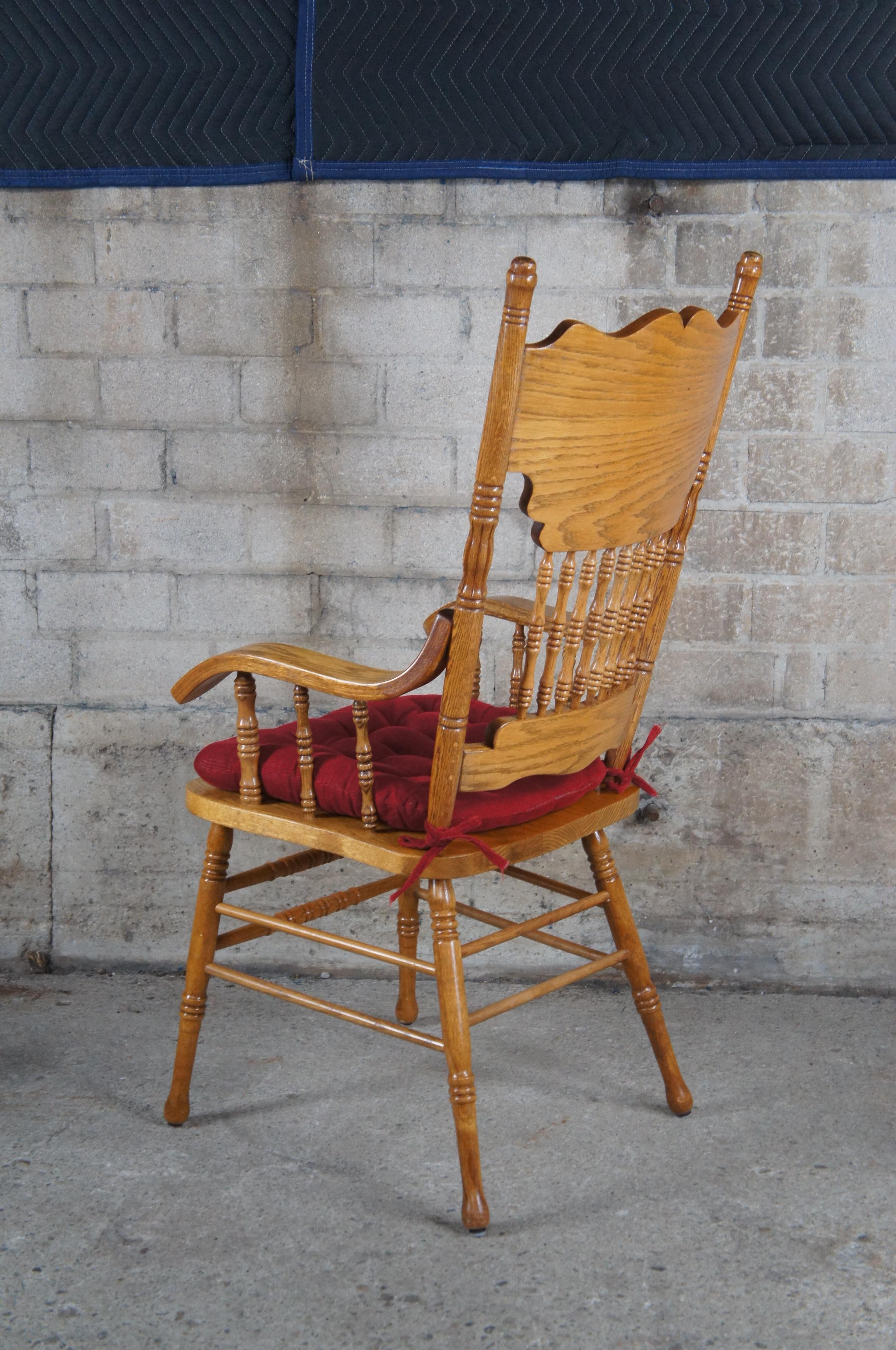 2 Victorian Revival Carved Oak Double Pressback Arm Chairs Removable Red Cushion In Good Condition In Dayton, OH