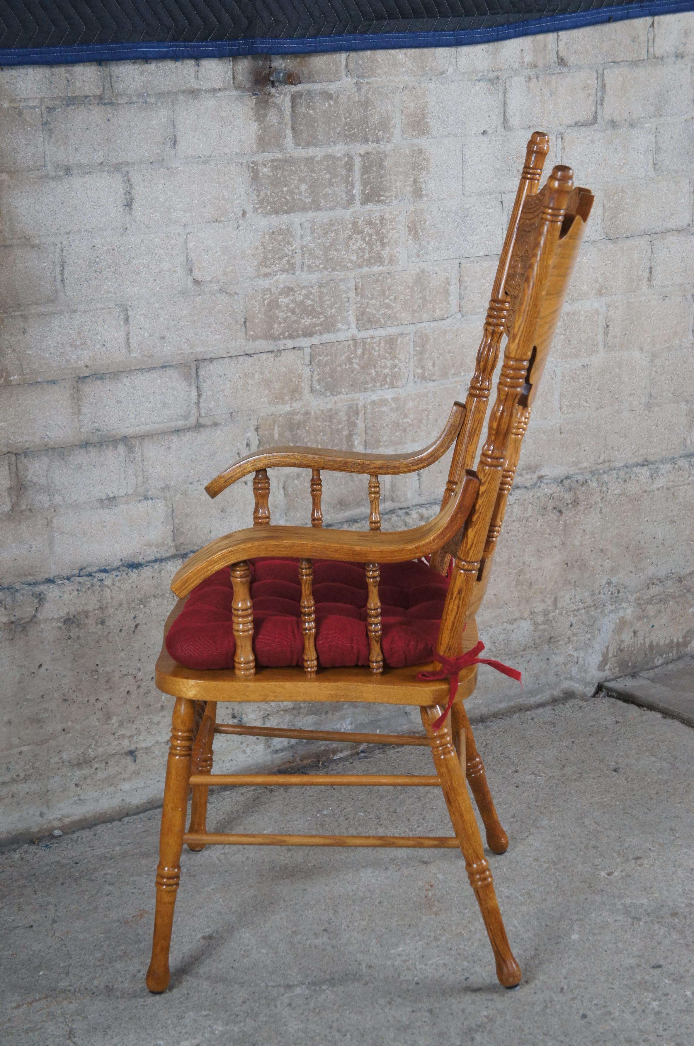 20th Century 2 Victorian Revival Carved Oak Double Pressback Arm Chairs Removable Red Cushion