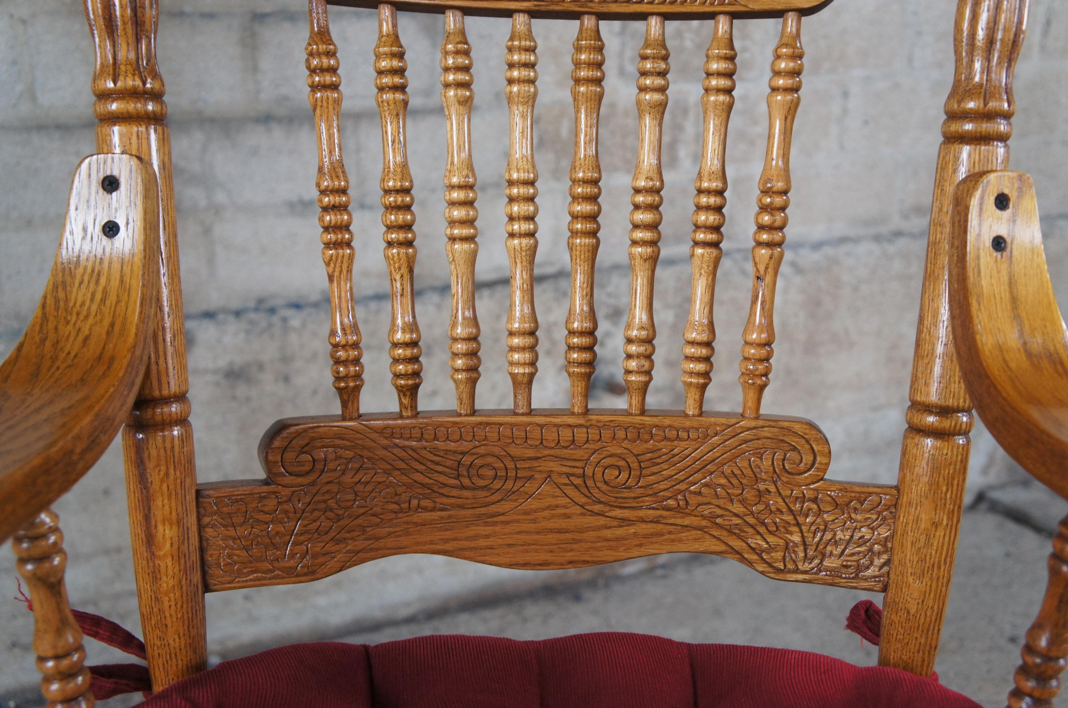 2 Victorian Revival Carved Oak Double Pressback Arm Chairs Removable Red Cushion 2