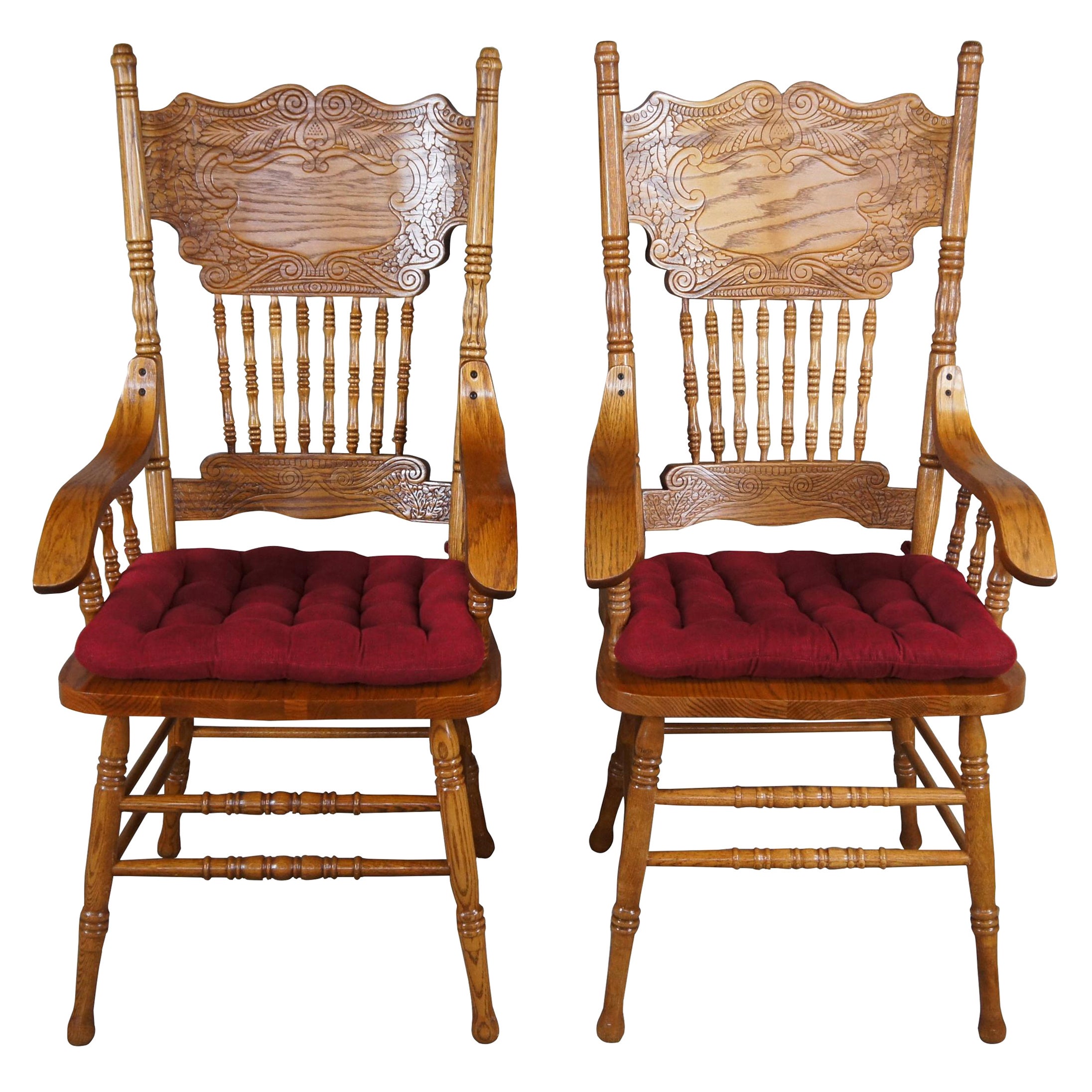 2 Victorian Revival Carved Oak Double Pressback Arm Chairs Removable Red Cushion