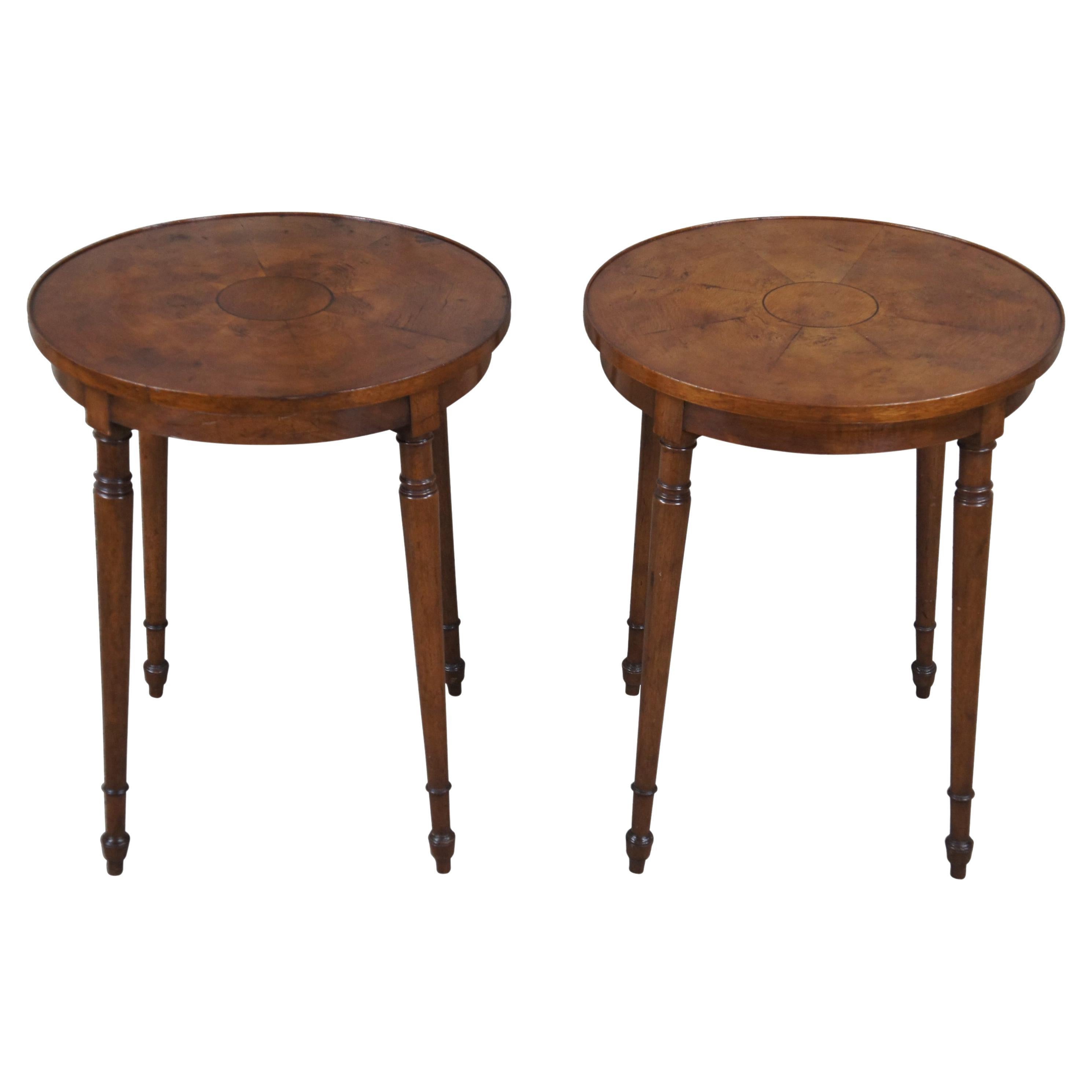 2 Victorian Revival Old Colony Furniture Walnut Burl Round Spindle Leg Tables
