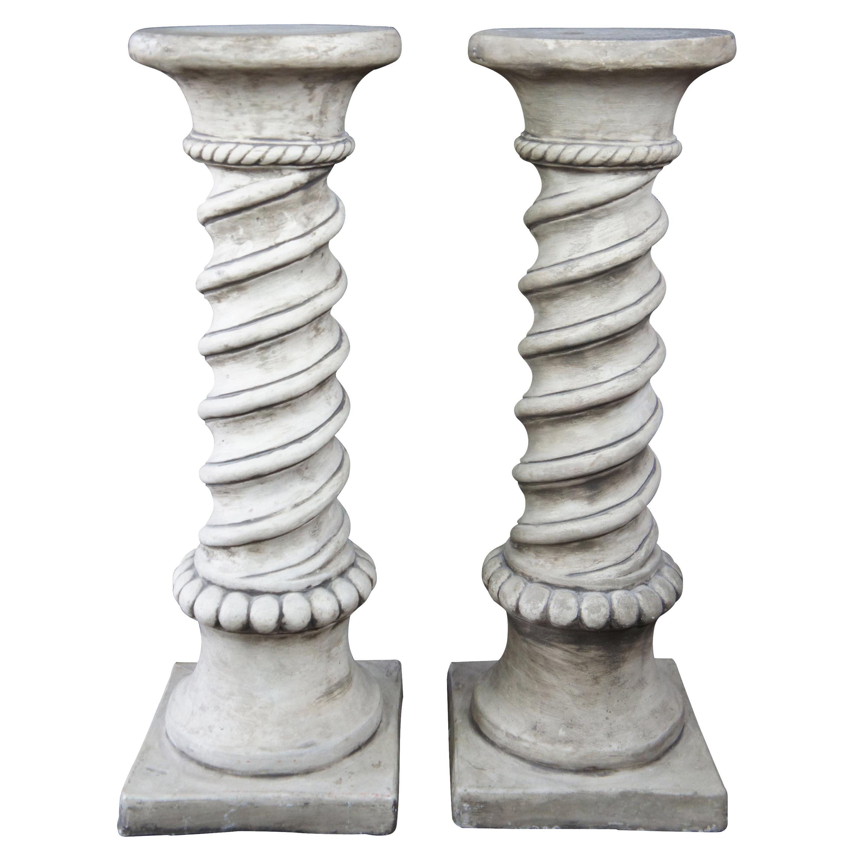 2 Victorian Revival Stone Concrete Barley Twisted Pedestals Columns Plant Stands
