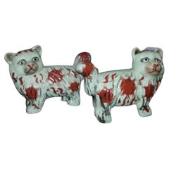 Antique 2 Victorian Staffordshire Matching Ceramic Cats On Gold Trim Navy Blue Pillows