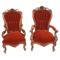 2 Victorian Style Carved Walnut Upholstered Sitting Chair, Scotland 1930, B499