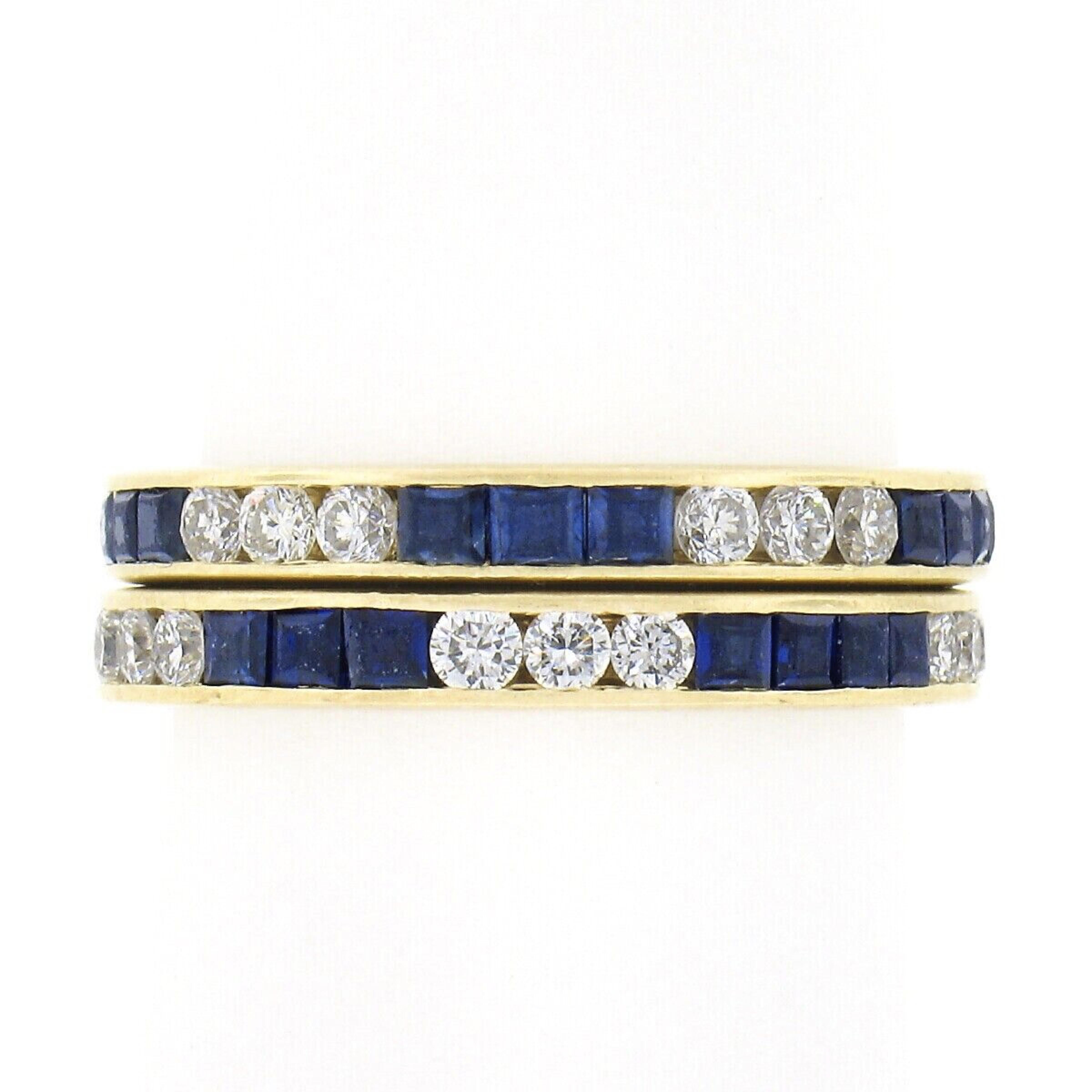 Here we have two beautiful, stackable, vintage bands crafted in solid 18k yellow gold that together feature approximately 2.20 carats of fine quality sapphires and diamonds throughout. These eternity style rings elegantly carry groups of square step