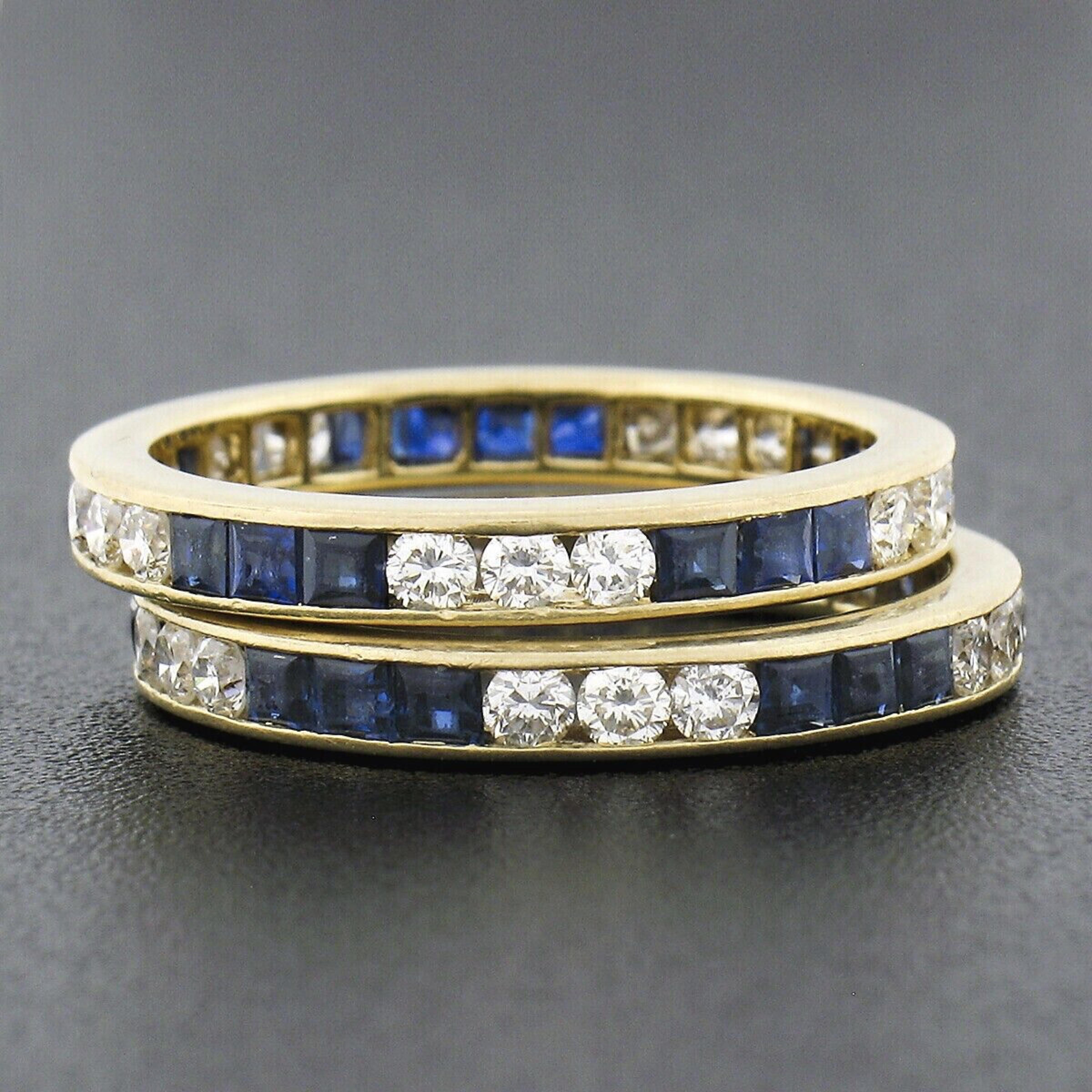 Women's or Men's '2' Vintage 18K Gold Alternating Sapphire & Diamond Eternity Guard Band Rings