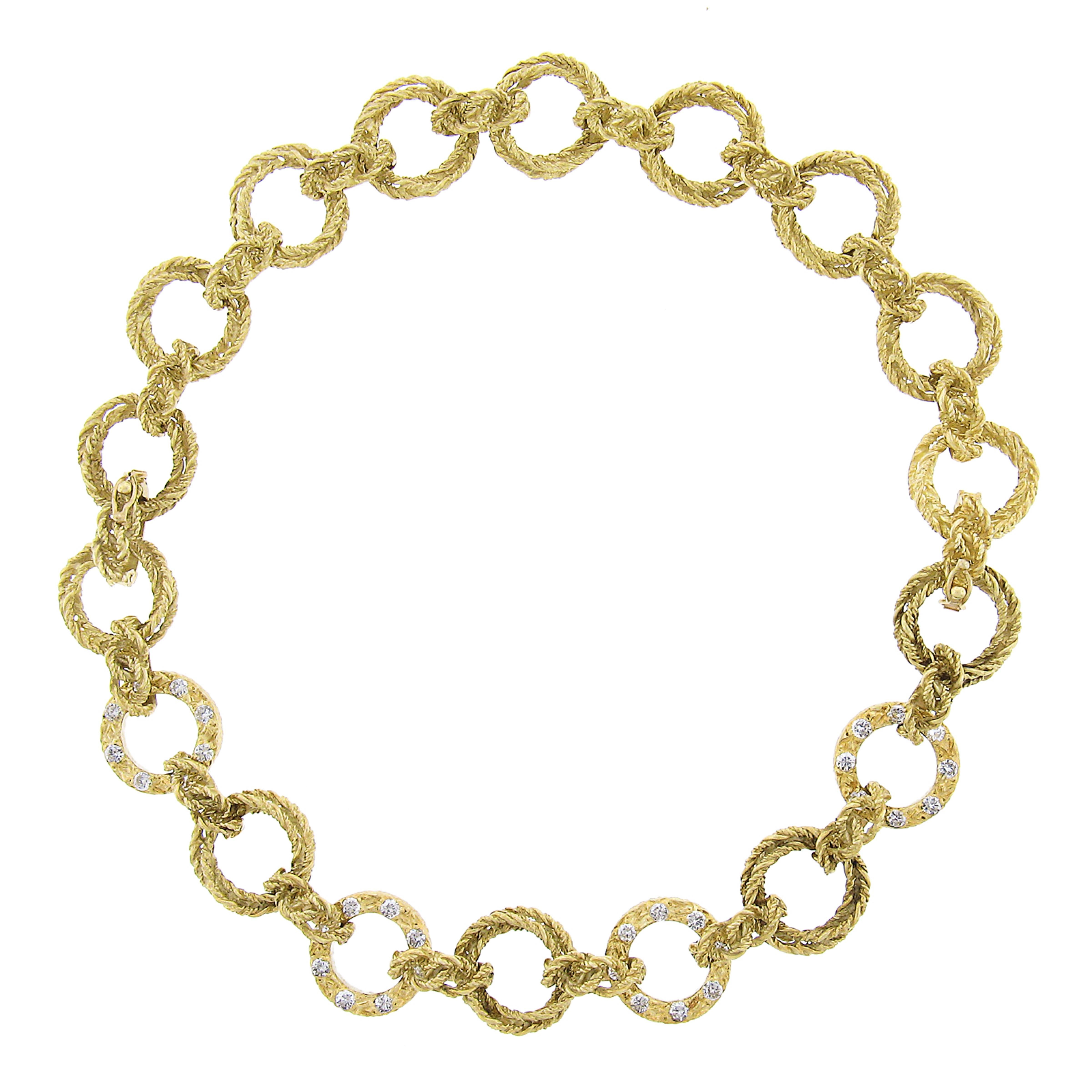 Brilliant Cut (2) Vintage 18k Gold Interlocking Textured Twisted Wire w/ Diamond Bracelet Set For Sale