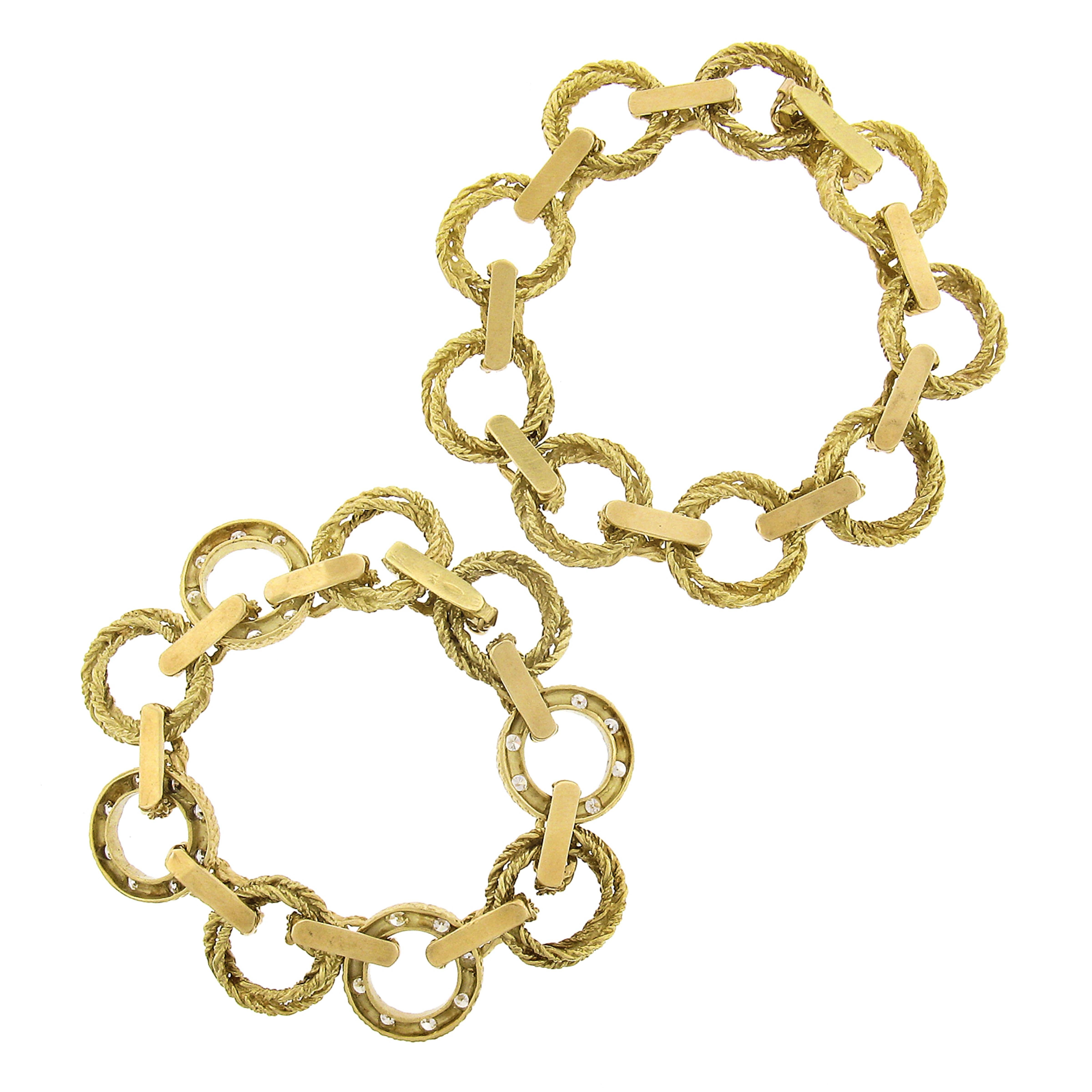 (2) Vintage 18k Gold Interlocking Textured Twisted Wire w/ Diamond Bracelet Set In Good Condition For Sale In Montclair, NJ