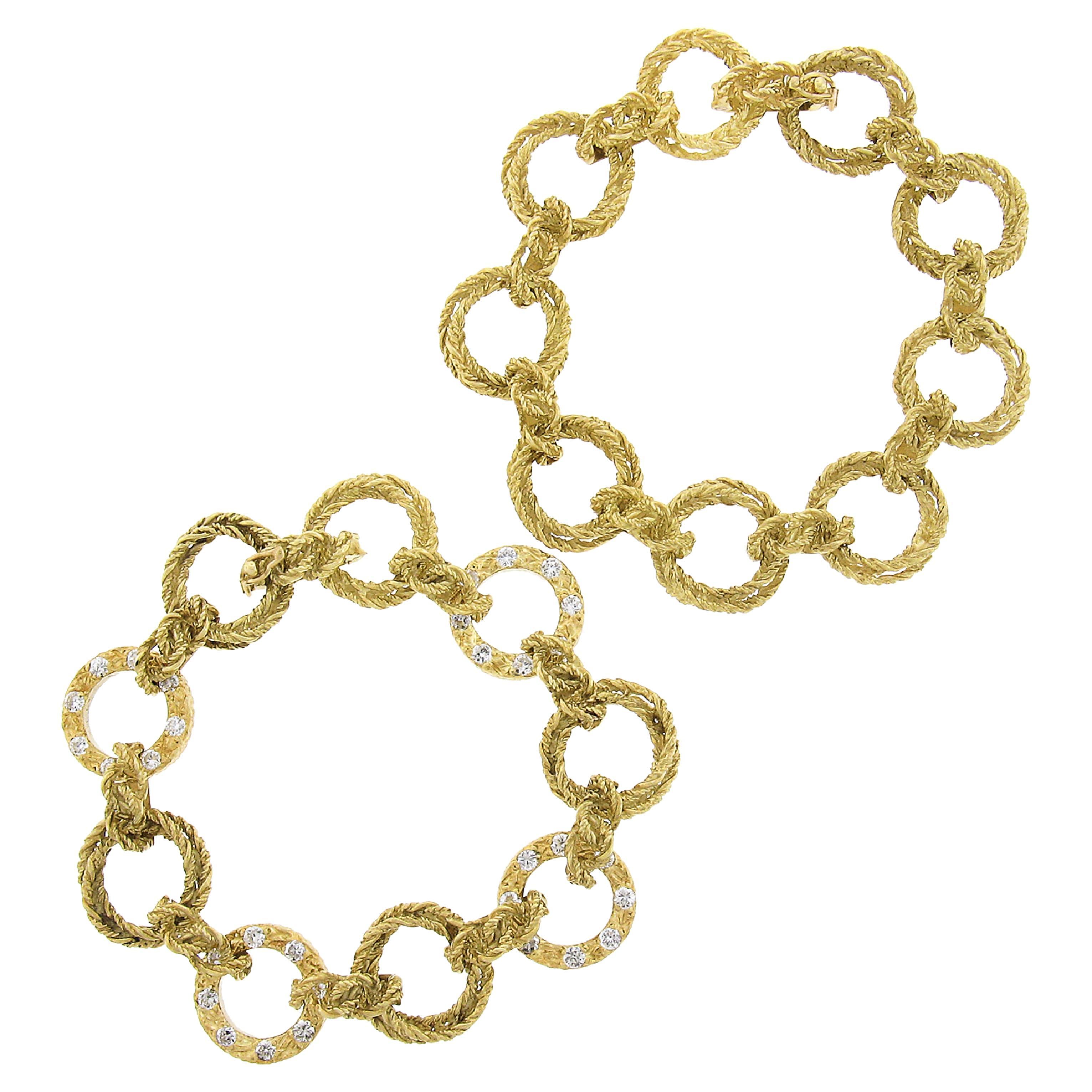 (2) Vintage 18k Gold Interlocking Textured Twisted Wire w/ Diamond Bracelet Set For Sale