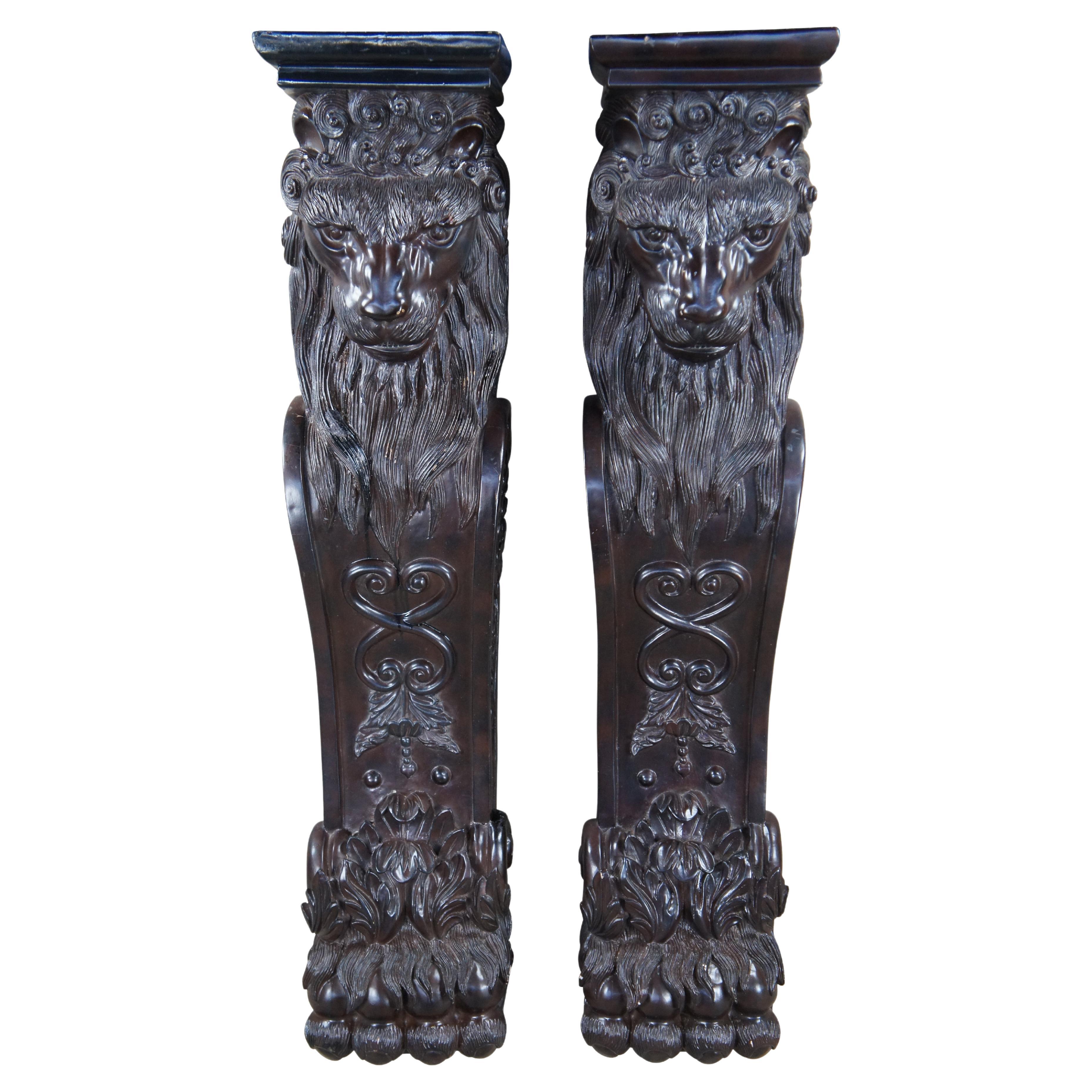 2 Vintage Architectural Lion Head Corbels Columns Pillars Sculpture Stands 49" For Sale