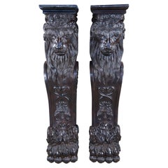 2 Vintage Architectural Lion Head Corbels Columns Pillars Sculpture Stands 49"