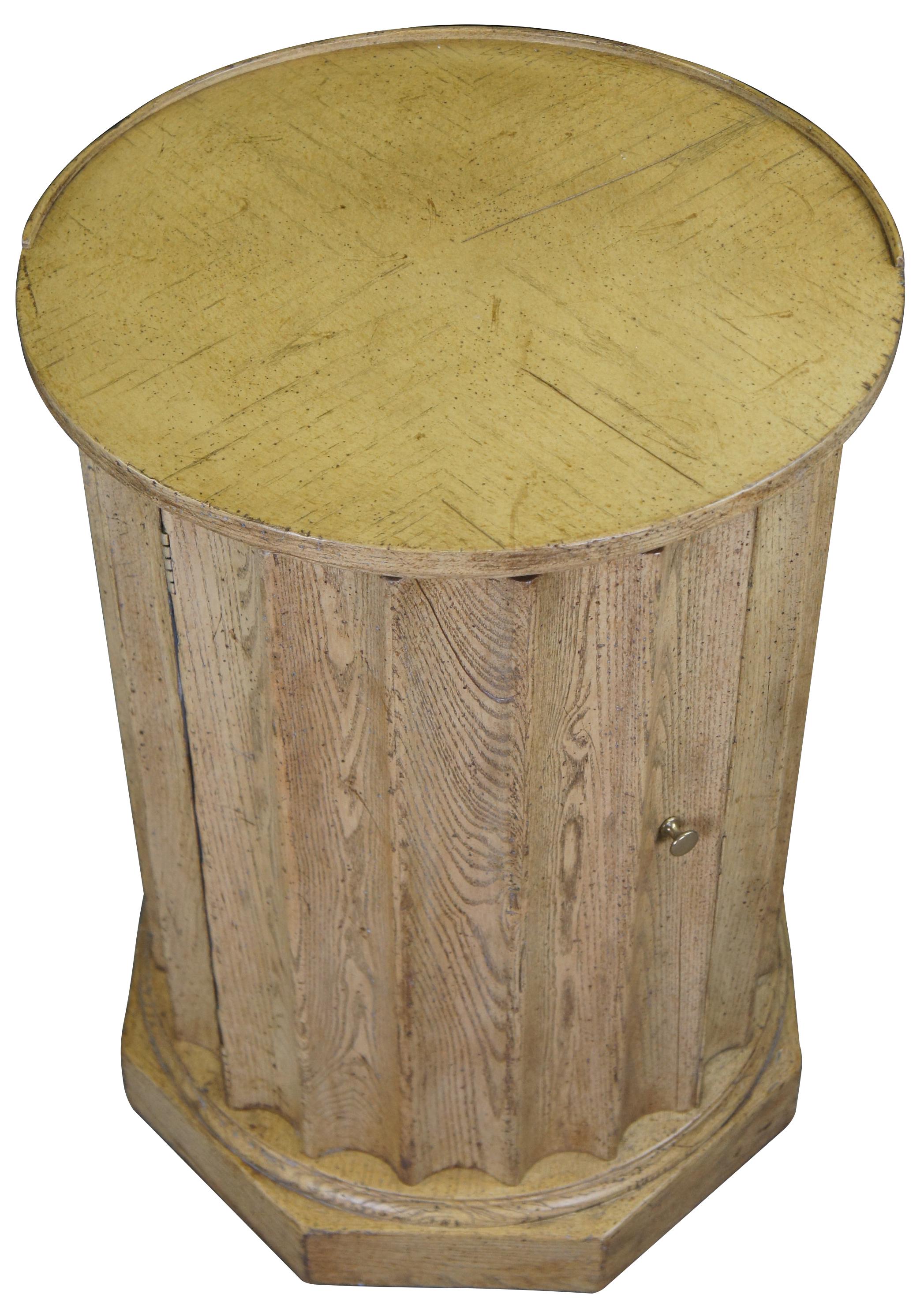 Neoclassical 2 Vintage Baker Corinthian Column Scalloped Oak Pedestal Side Tables Cabinets