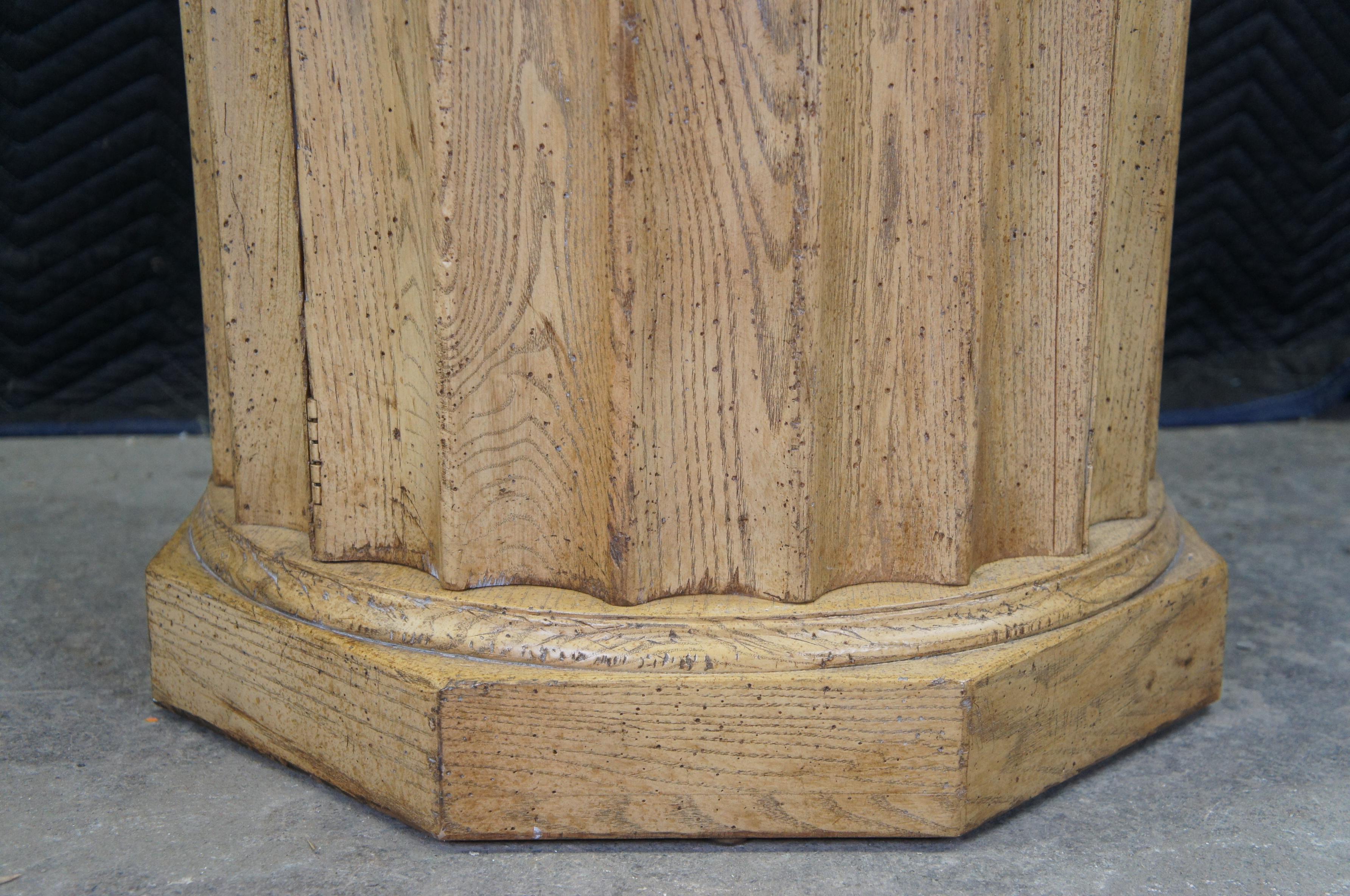 Late 20th Century 2 Vintage Baker Corinthian Column Scalloped Oak Pedestal Side Tables Cabinets