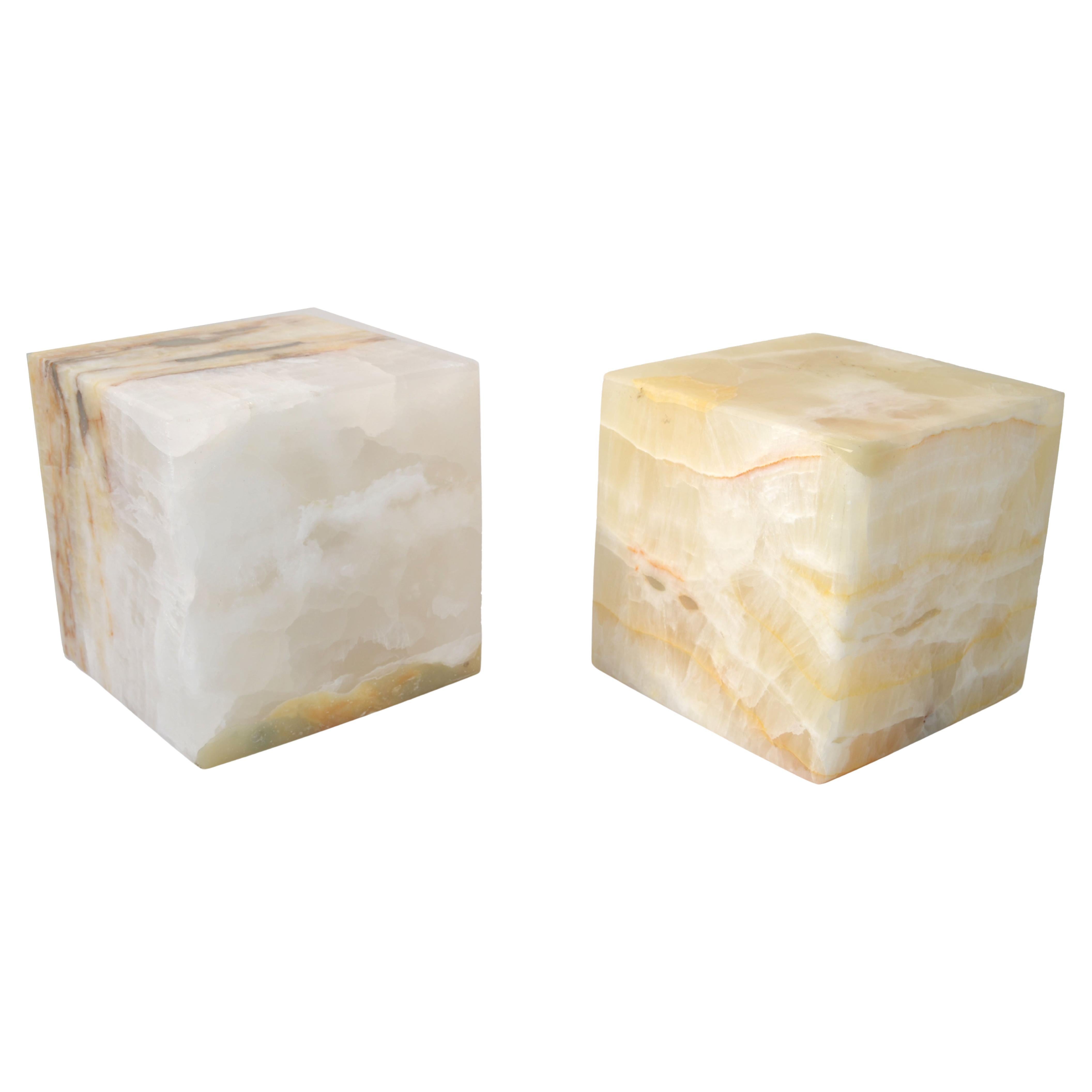 2 Vintage Beige Onyx Cube Handmade Bookends Objects of Art Sculpture Pedestal