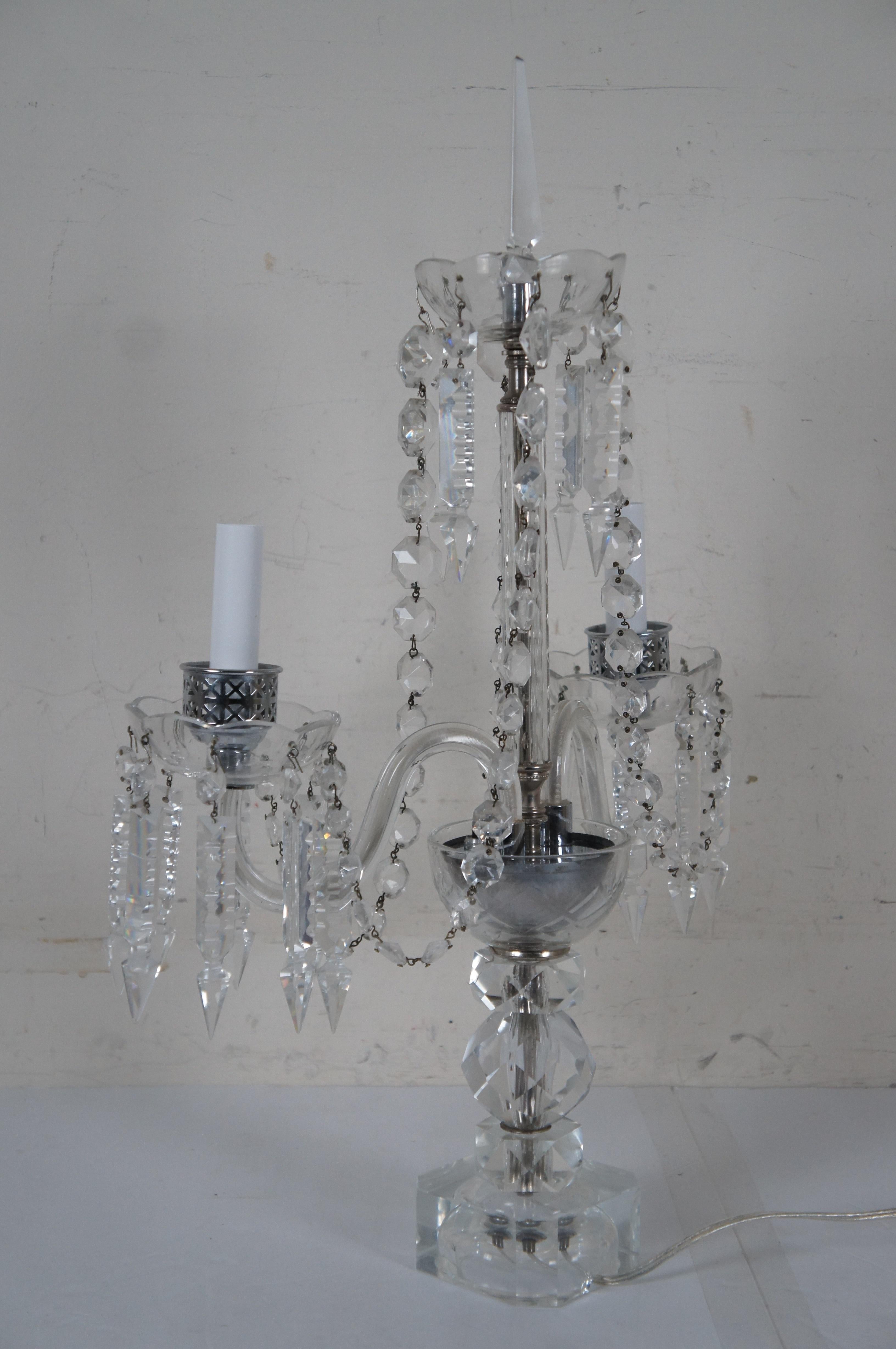 2 Vintage Bohemian Cut Crystal 3 Arm Candelabra Girandole Buffet Table Lamps For Sale 5