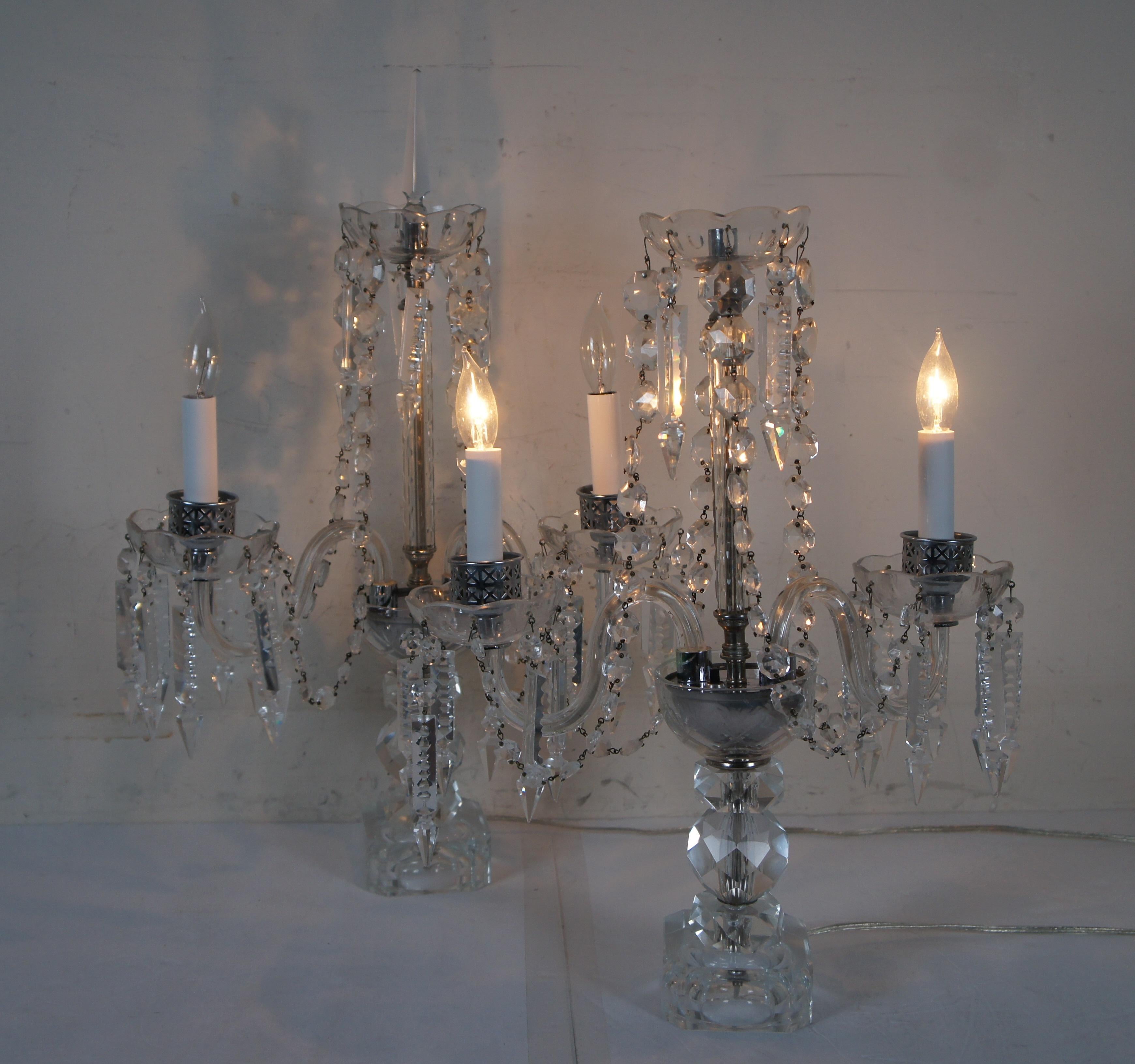 2 Vintage Bohemian Cut Crystal 3 Arm Candelabra Girandole Buffet Table Lamps 7