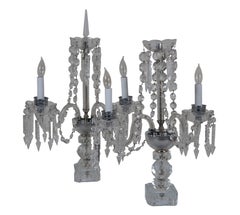 2 Vintage Bohemian Cut Crystal 3 Arm Candelabra Girandole Buffet Table Lamps